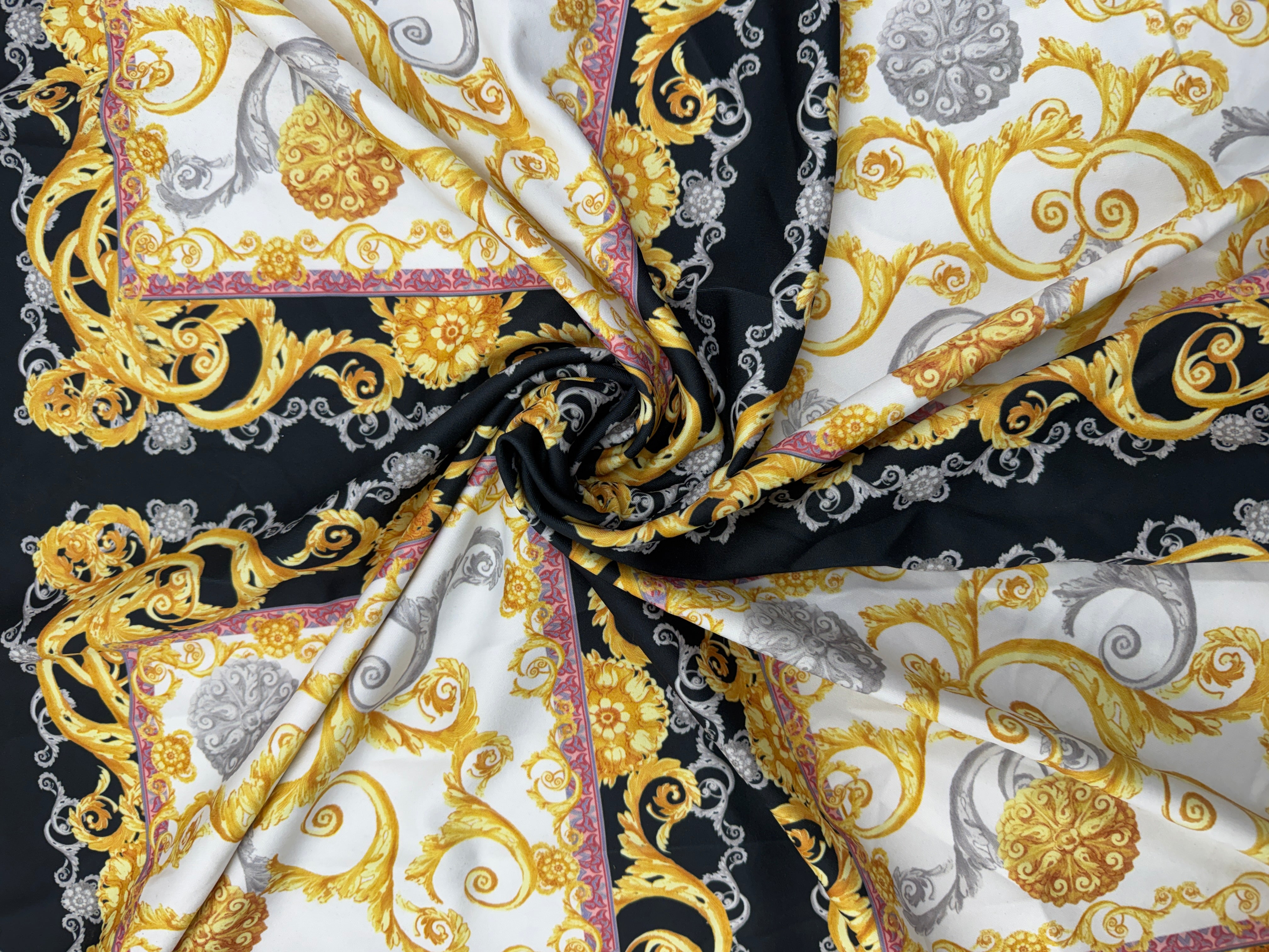 Baroque Chain Print Scuba Fabric – Black White Gold Ornate Pattern Stretch Fabric, 145cm Wide