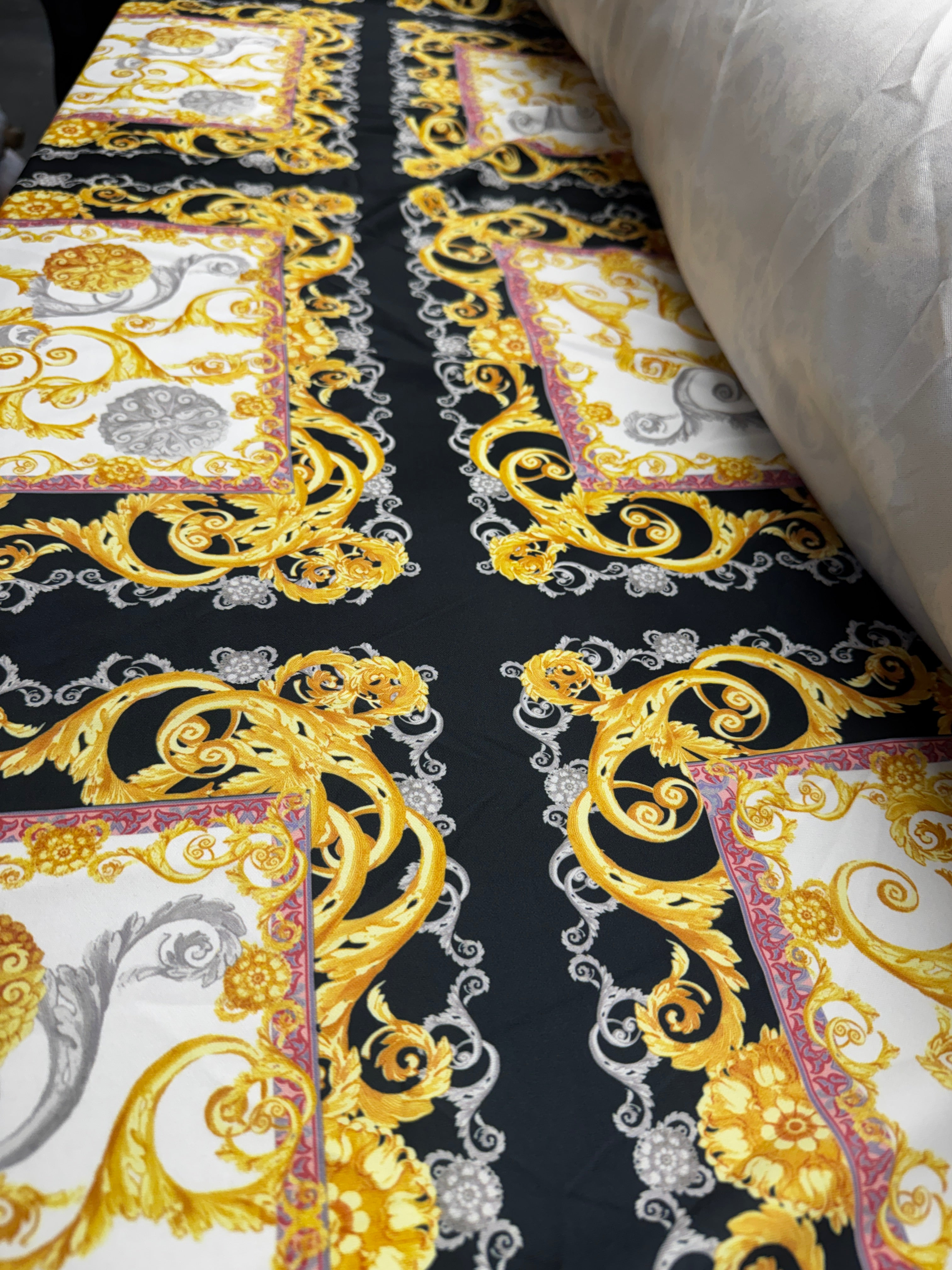 Baroque Chain Print Scuba Fabric – Black White Gold Ornate Pattern Stretch Fabric, 145cm Wide