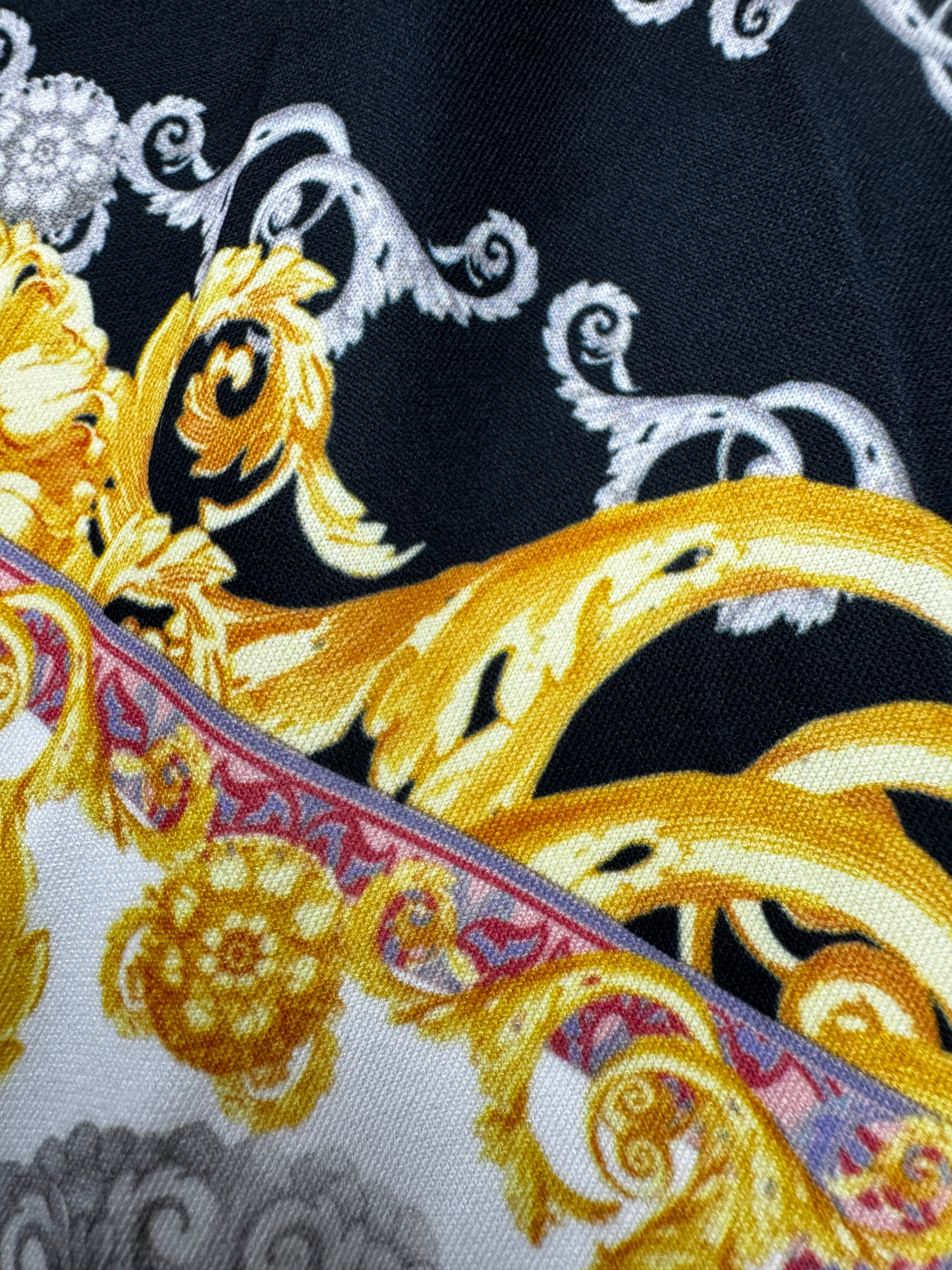 Baroque Chain Print Scuba Fabric – Black White Gold Ornate Pattern Stretch Fabric, 145cm Wide