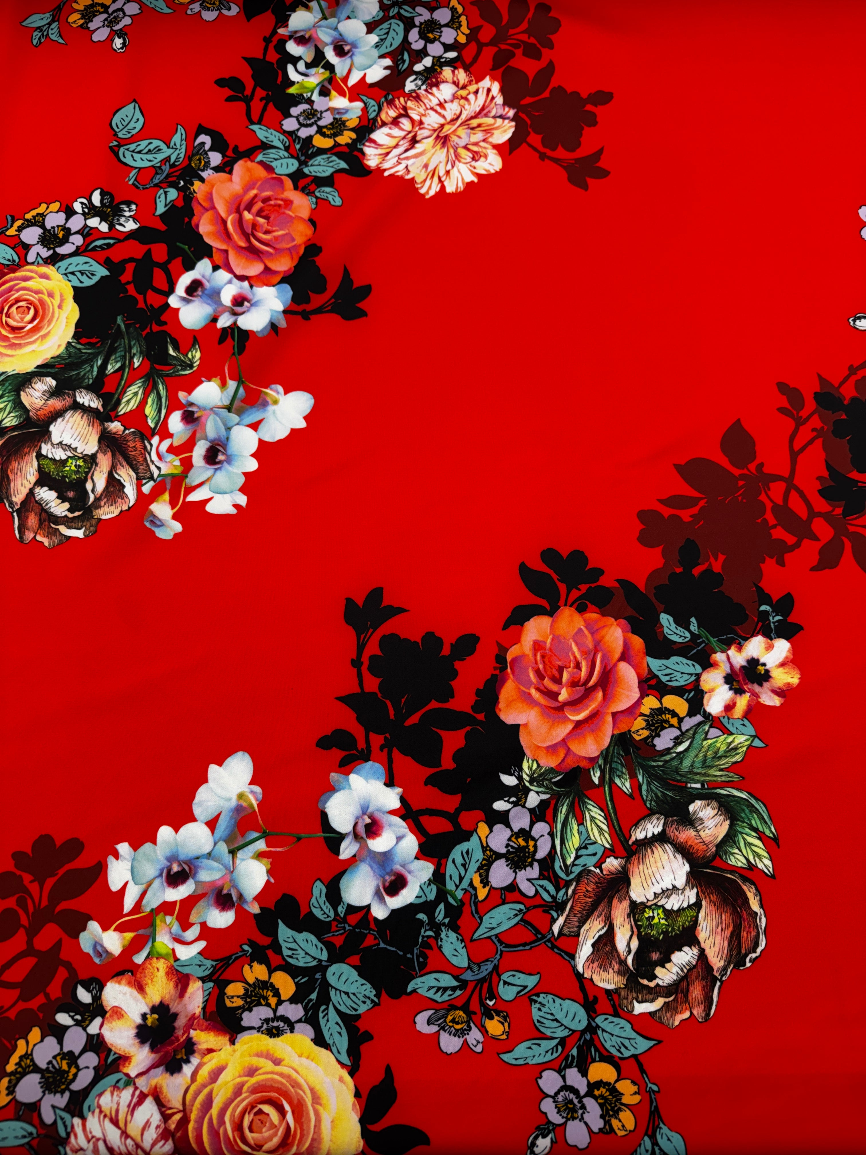 Red Floral Scuba Fabric – Bold Rose & Blossom Print Stretch Fabric, 150cm Wide