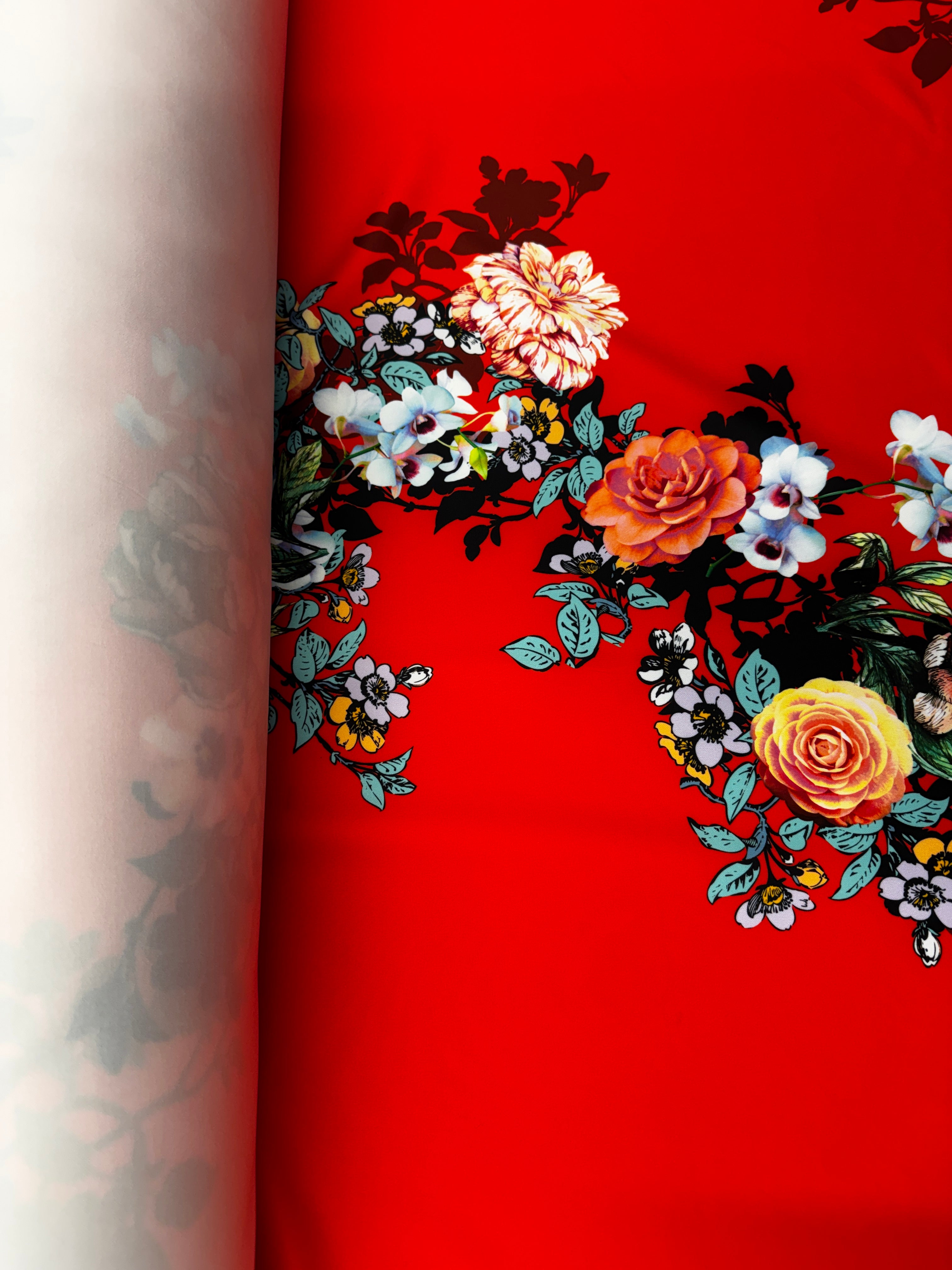 Red Floral Scuba Fabric – Bold Rose & Blossom Print Stretch Fabric, 150cm Wide