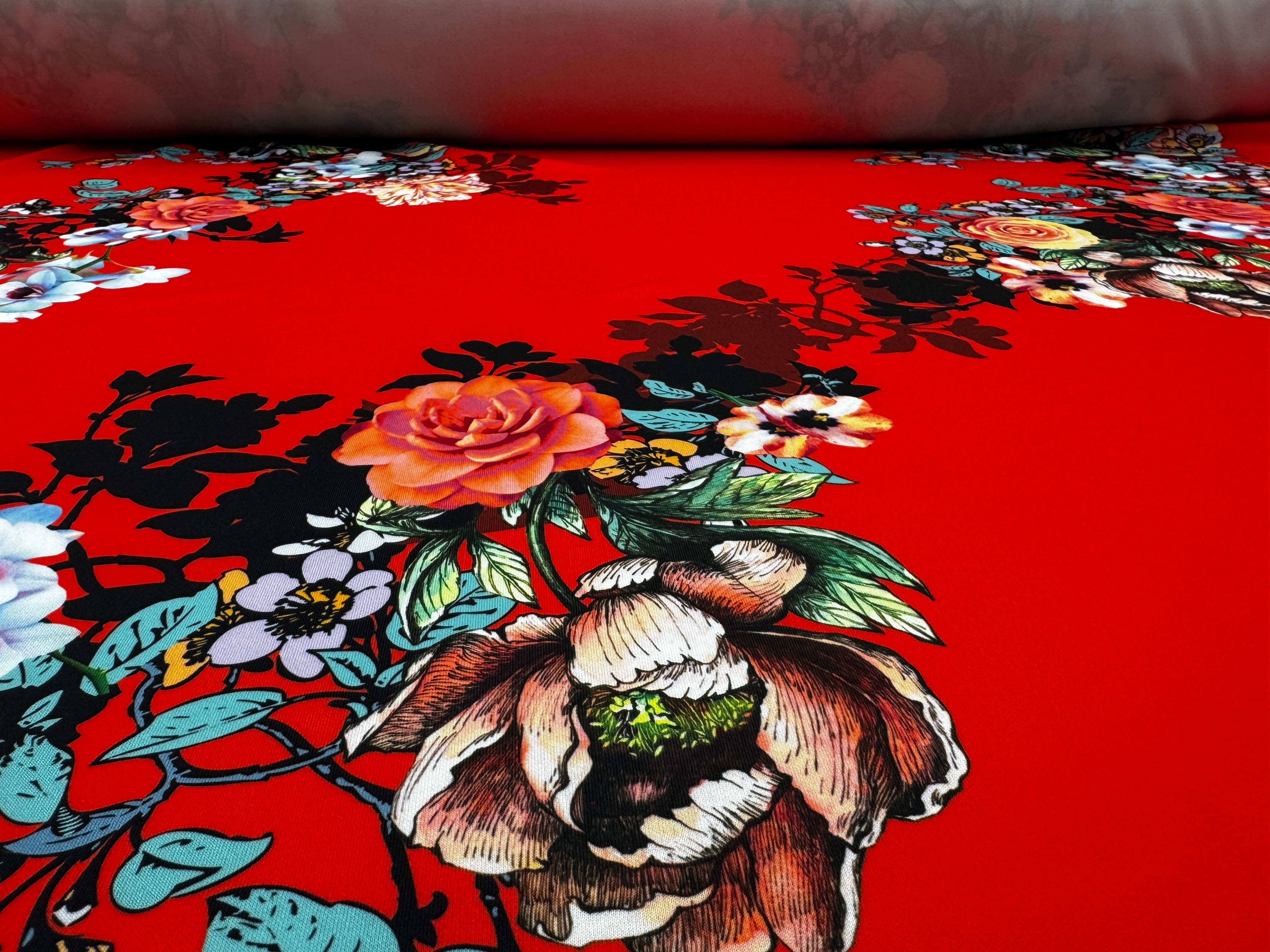 Red Floral Scuba Fabric – Bold Rose & Blossom Print Stretch Fabric, 150cm Wide