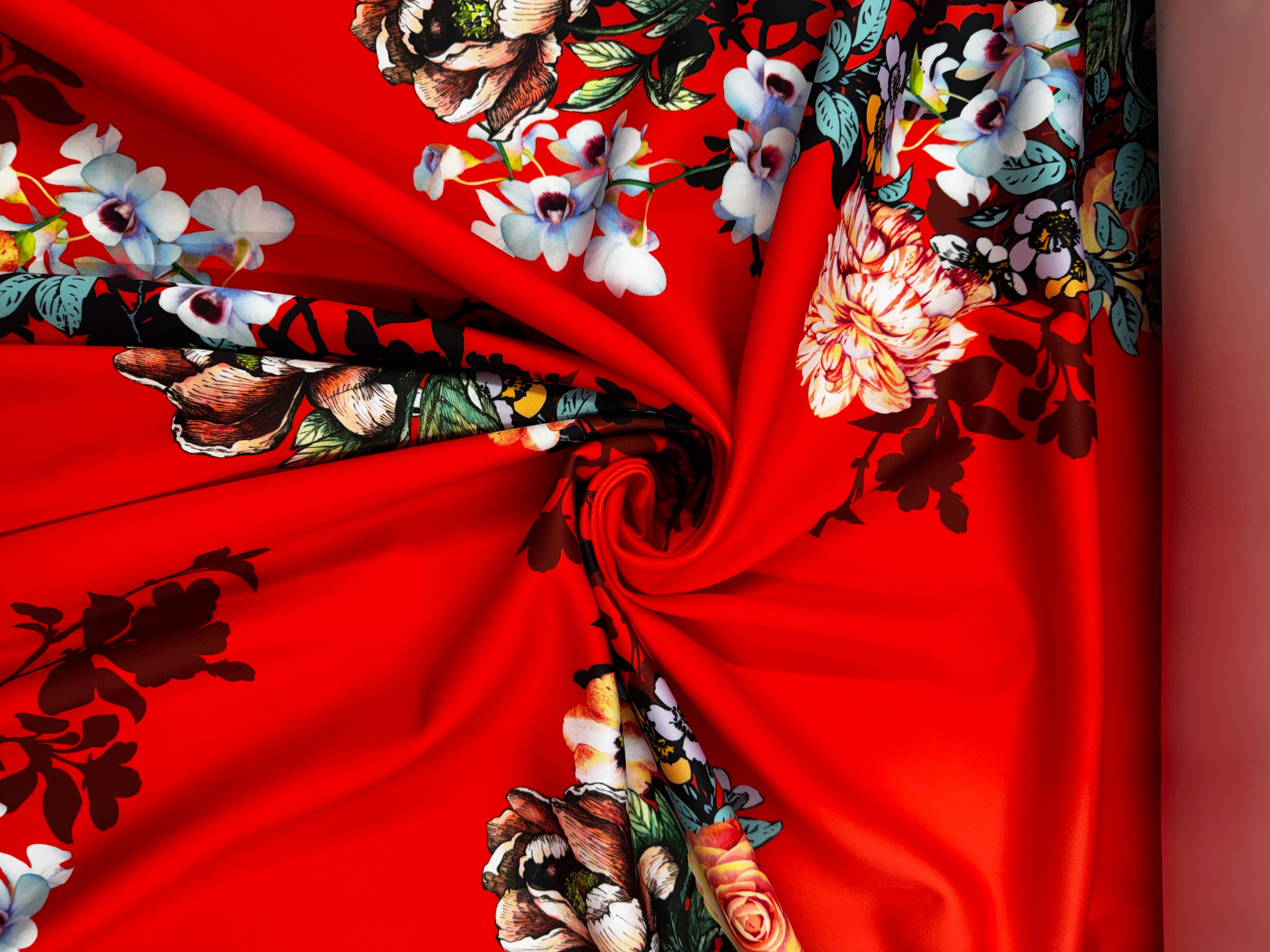 Red Floral Scuba Fabric – Bold Rose & Blossom Print Stretch Fabric, 150cm Wide