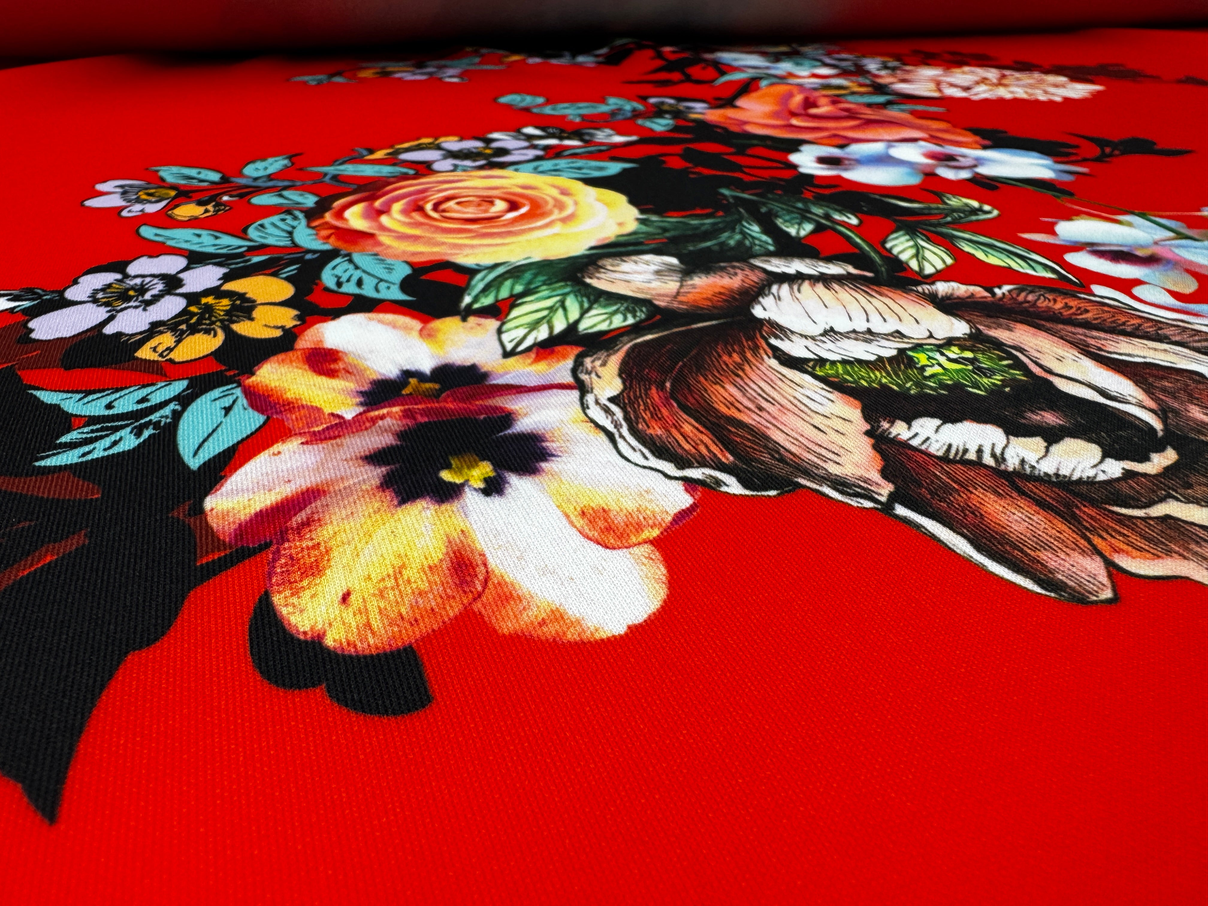 Red Floral Scuba Fabric – Bold Rose & Blossom Print Stretch Fabric, 150cm Wide