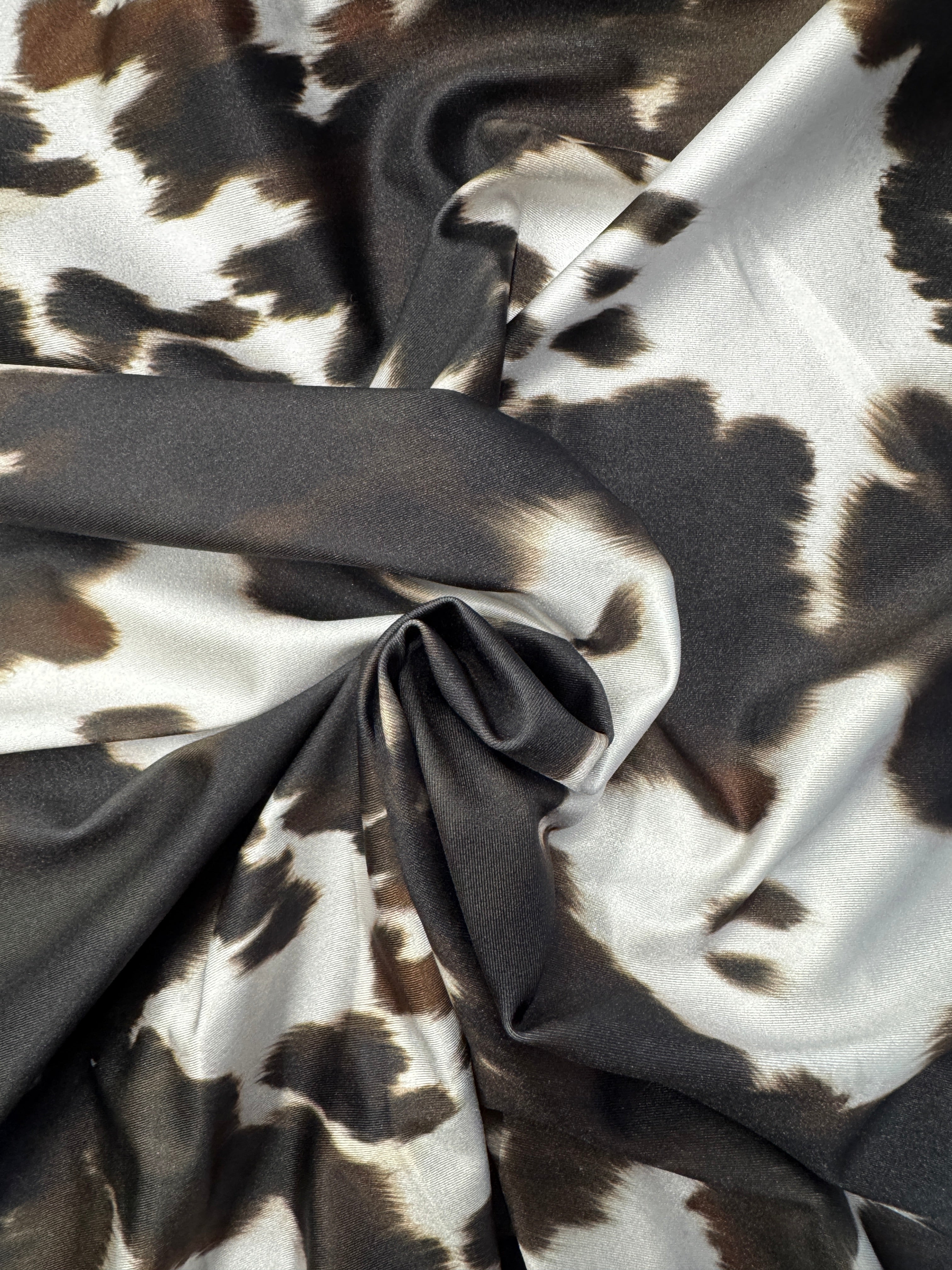 Chocolate & Ivory Cow Print Slinky Disco Jersey – 4-Way Stretch, 148cm Wide