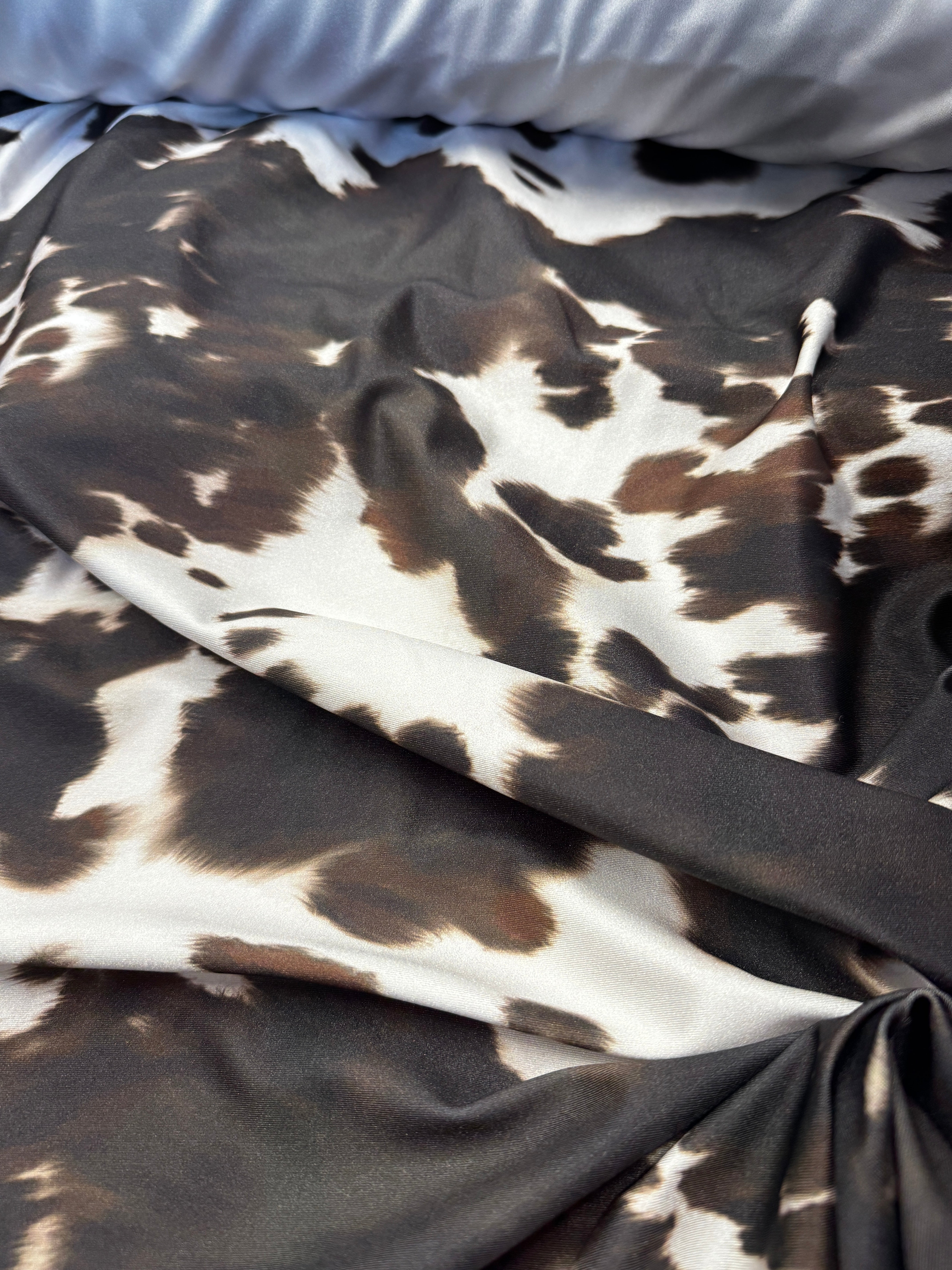 Chocolate & Ivory Cow Print Slinky Disco Jersey – 4-Way Stretch, 148cm Wide