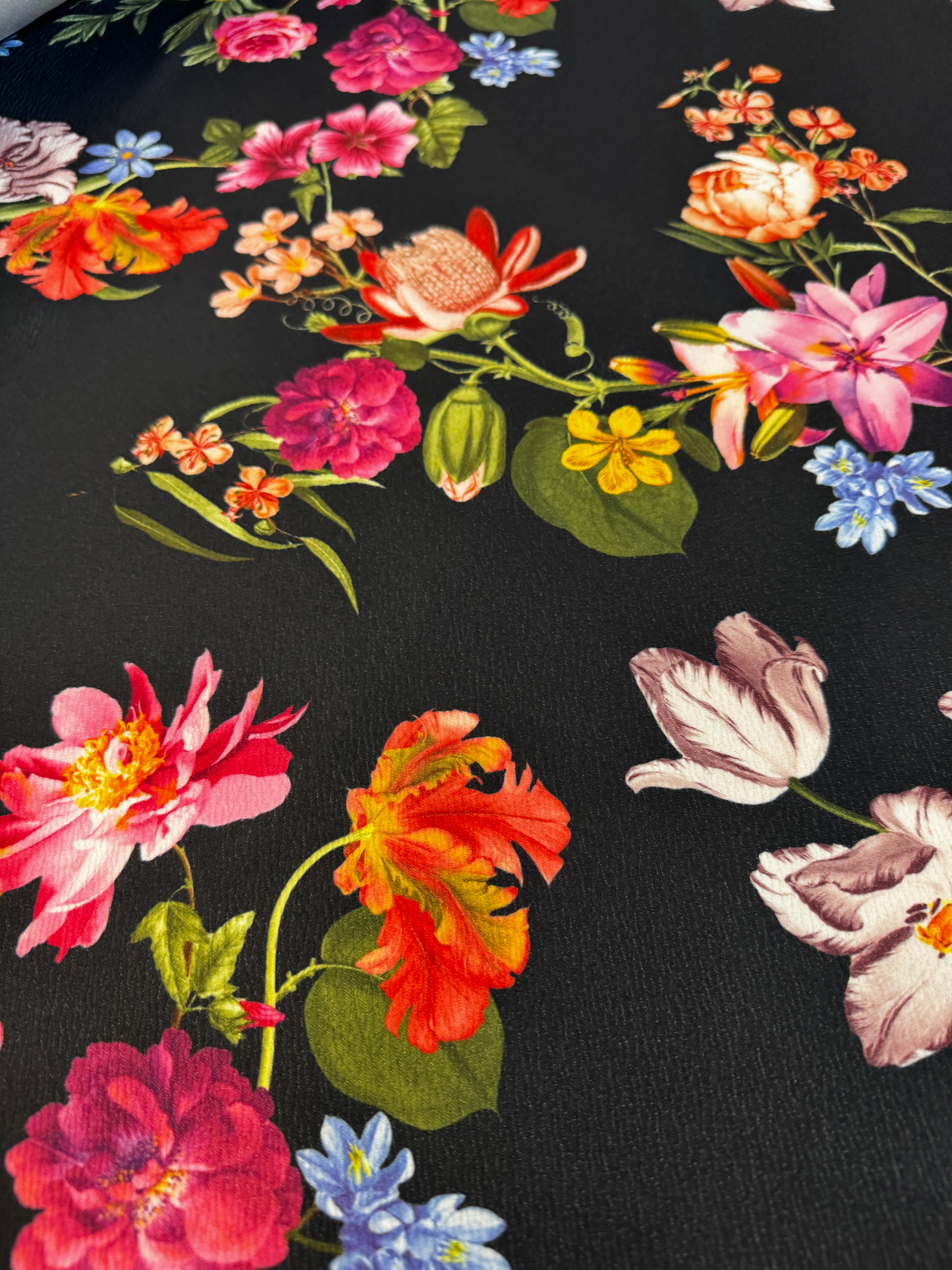 Black Floral Liverpool Fabric – Textured Stretch Knit, 4-Way Stretch, 149cm Wide