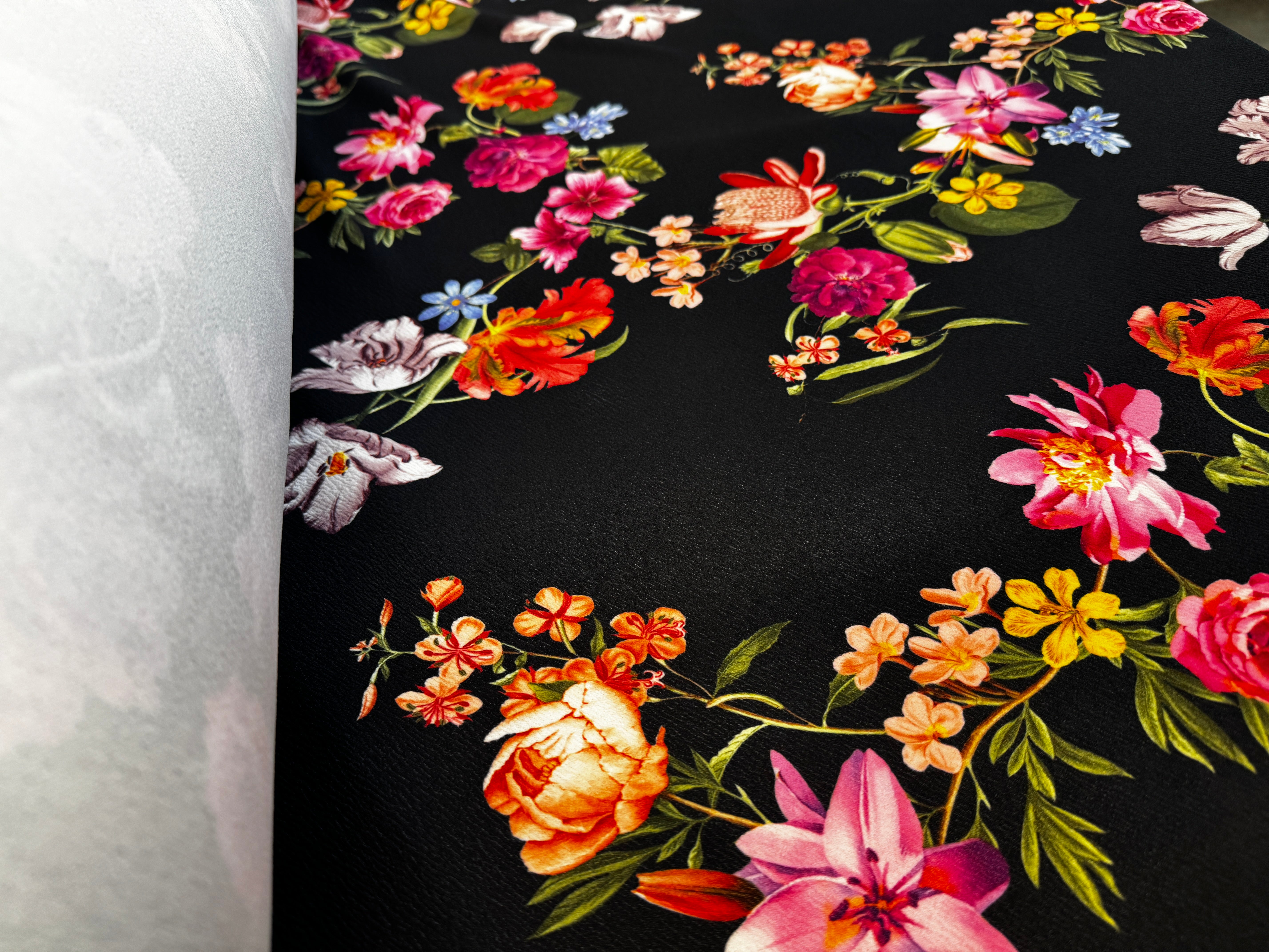 Black Floral Liverpool Fabric – Textured Stretch Knit, 4-Way Stretch, 149cm Wide
