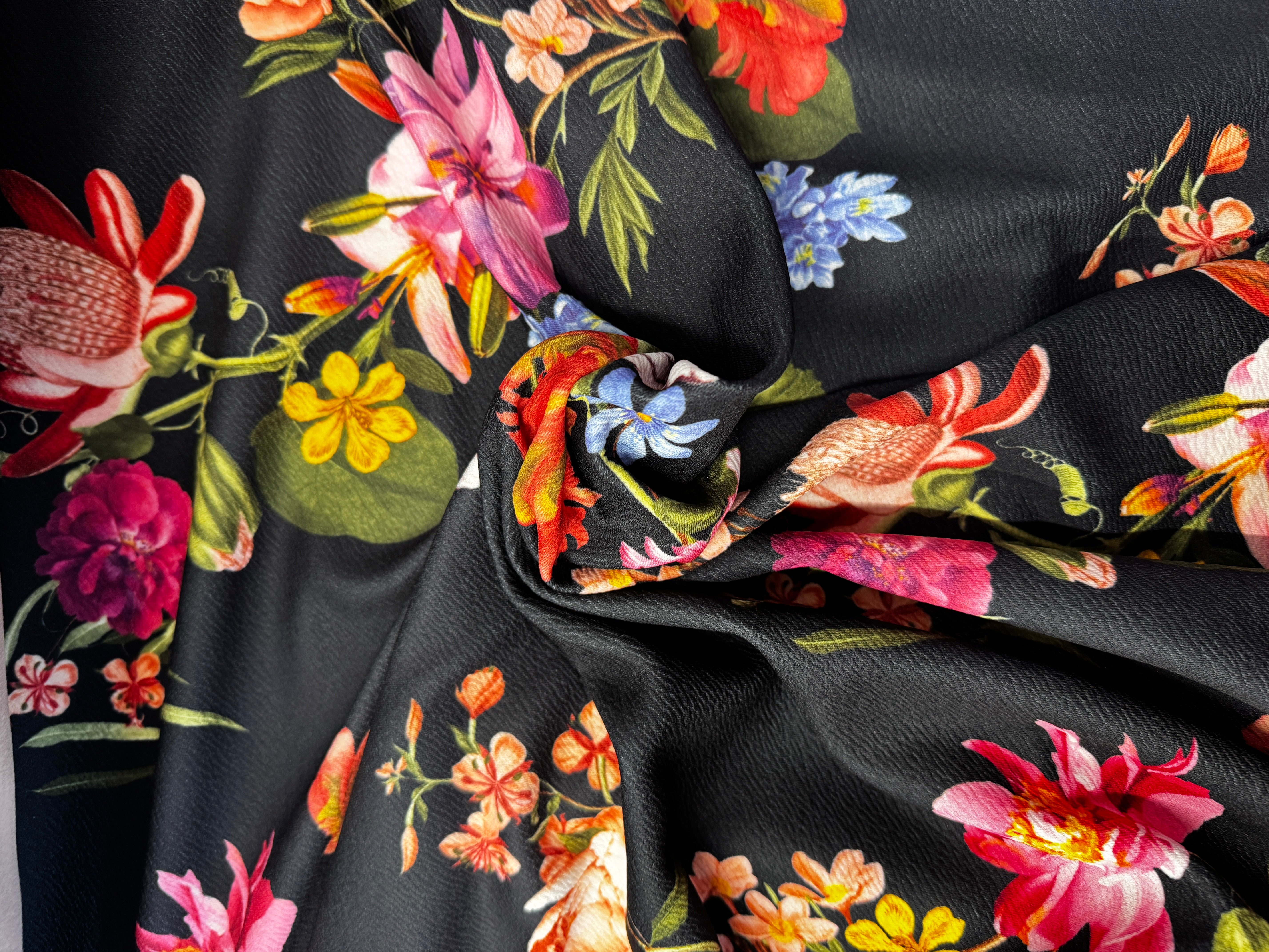 Black Floral Liverpool Fabric – Textured Stretch Knit, 4-Way Stretch, 149cm Wide