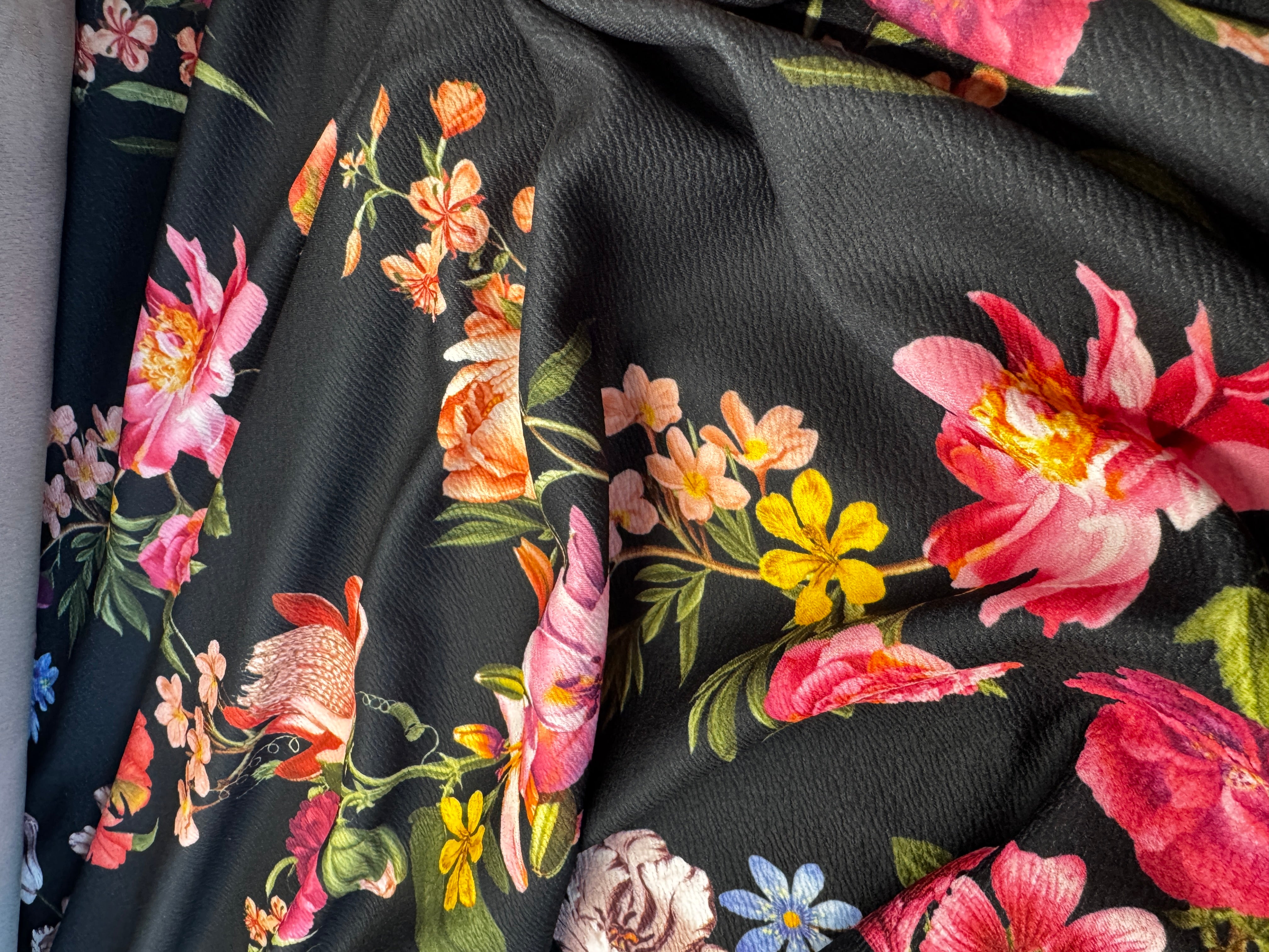 Black Floral Liverpool Fabric – Textured Stretch Knit, 4-Way Stretch, 149cm Wide