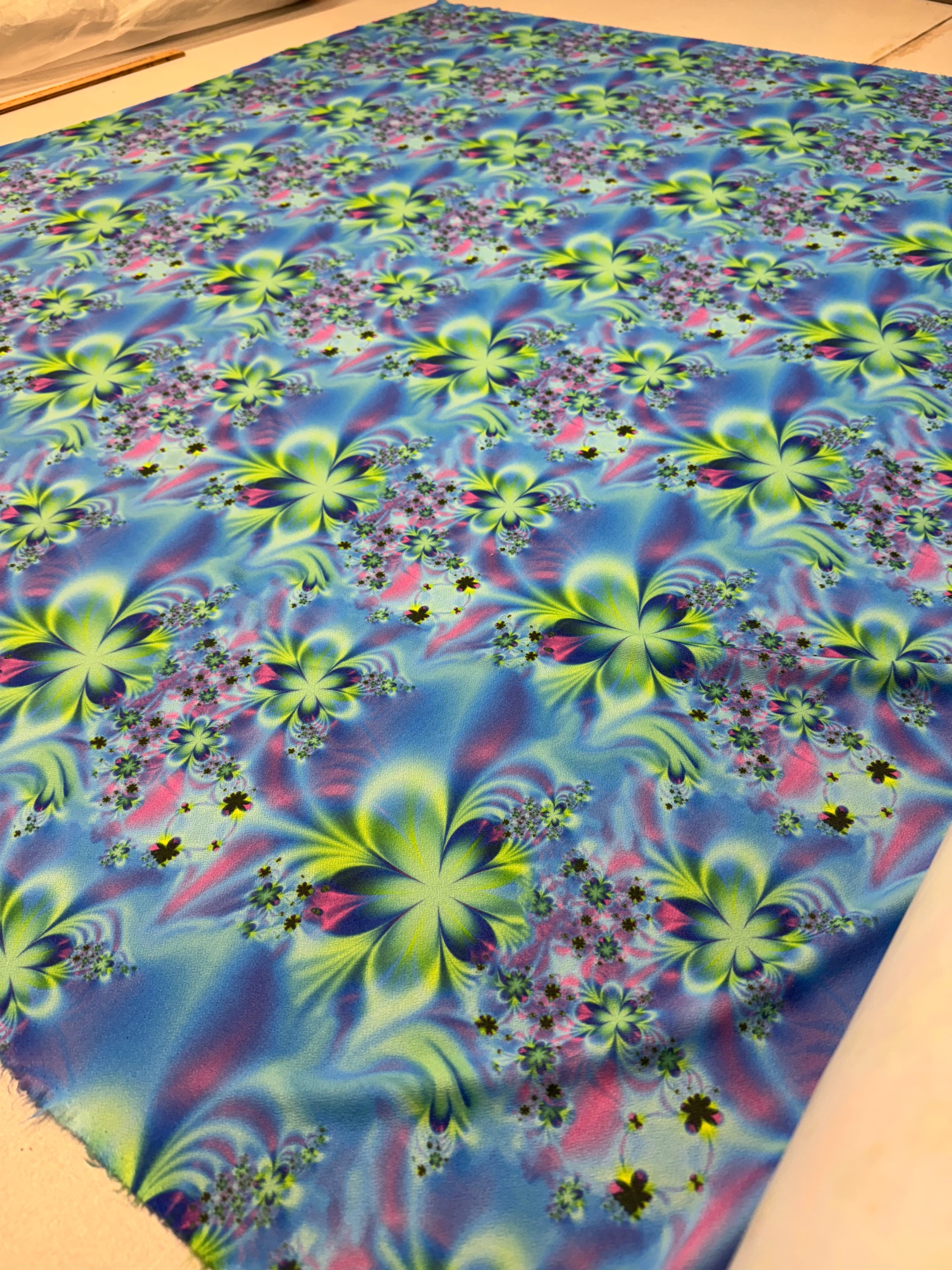 Neon Fractal Floral Stretch Crepe Fabric - Blue/Lime/Pink - 147cm