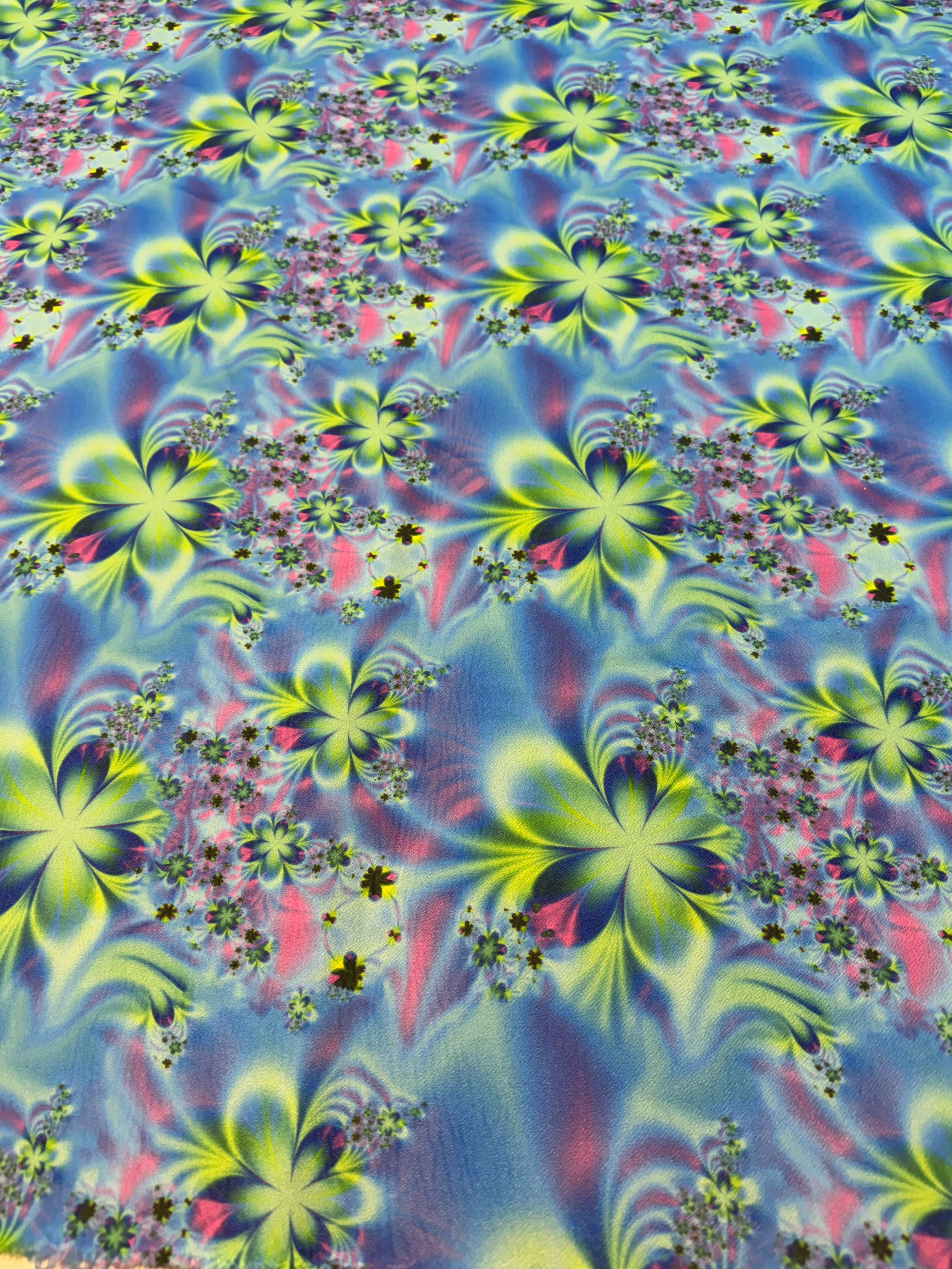 Neon Fractal Floral Stretch Crepe Fabric - Blue/Lime/Pink - 147cm
