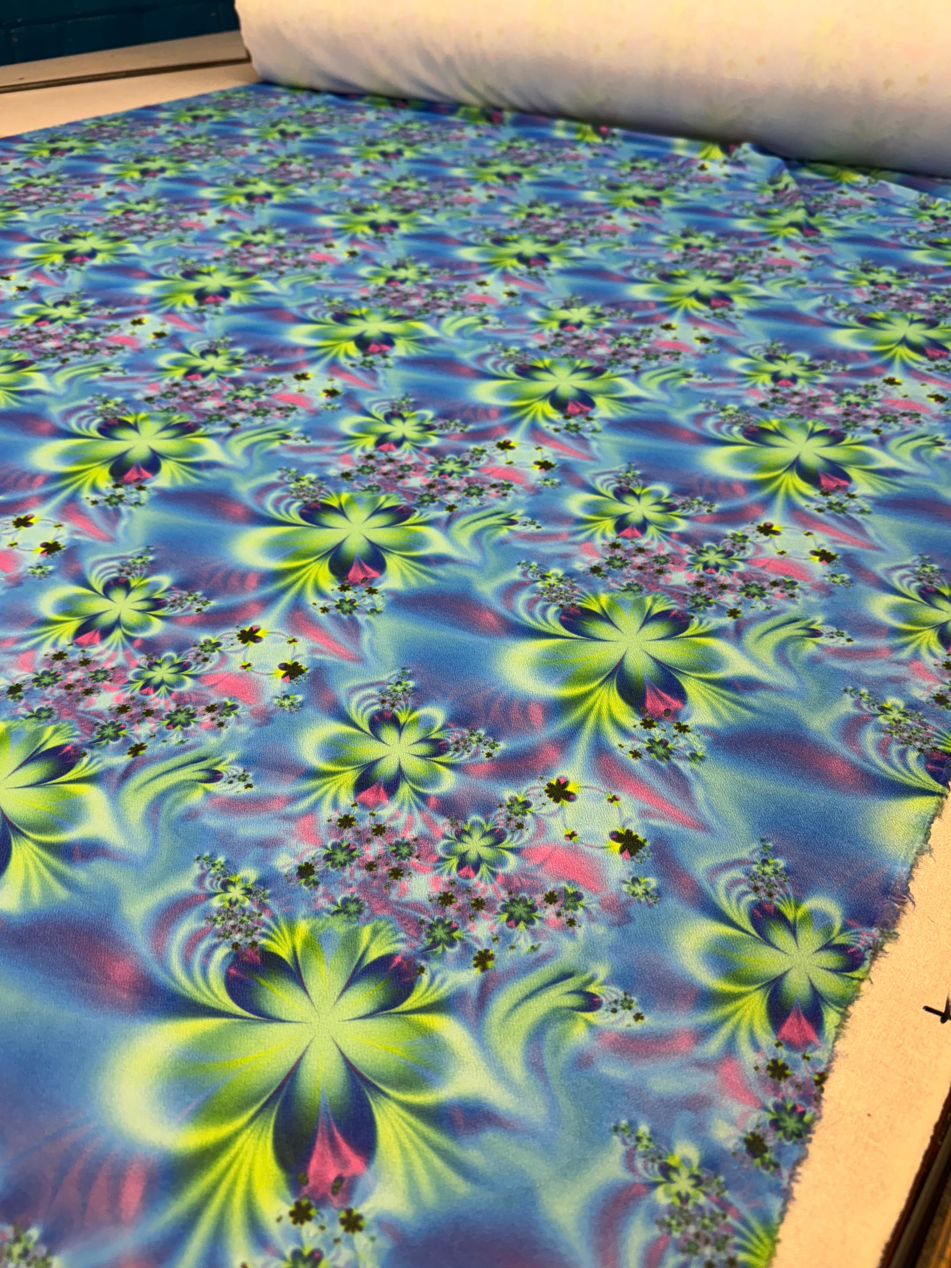 Neon Fractal Floral Stretch Crepe Fabric - Blue/Lime/Pink - 147cm