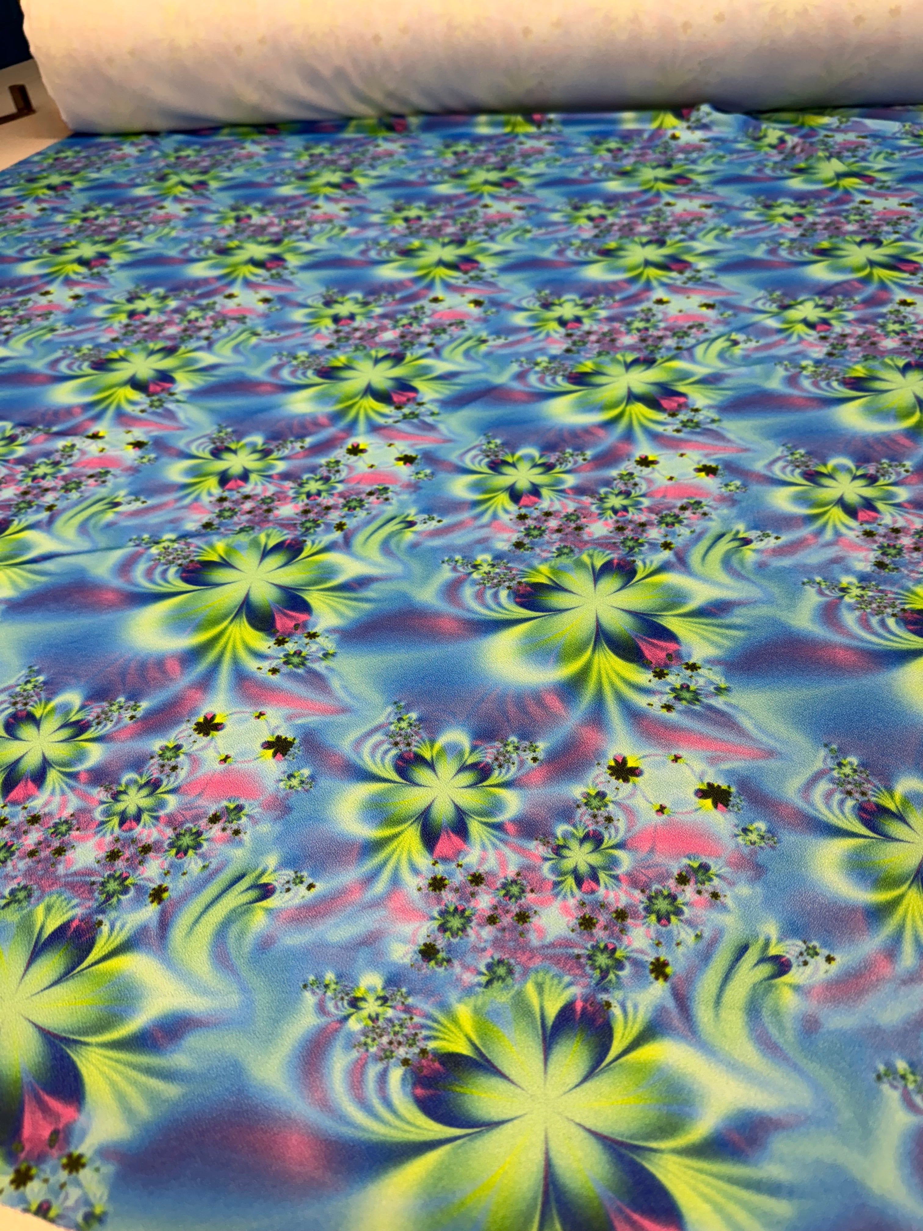 Neon Fractal Floral Stretch Crepe Fabric - Blue/Lime/Pink - 147cm