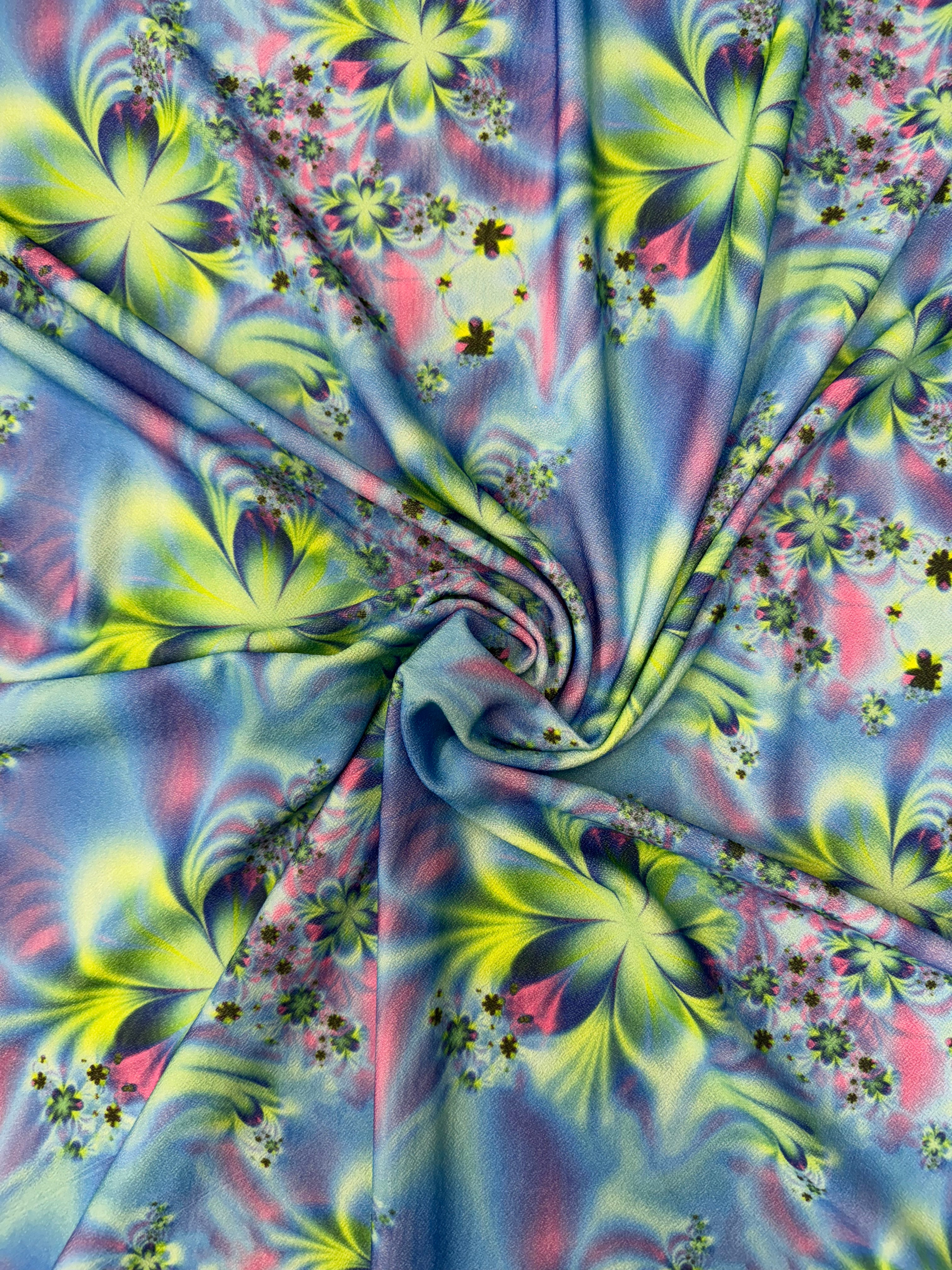 Neon Fractal Floral Stretch Crepe Fabric - Blue/Lime/Pink - 147cm
