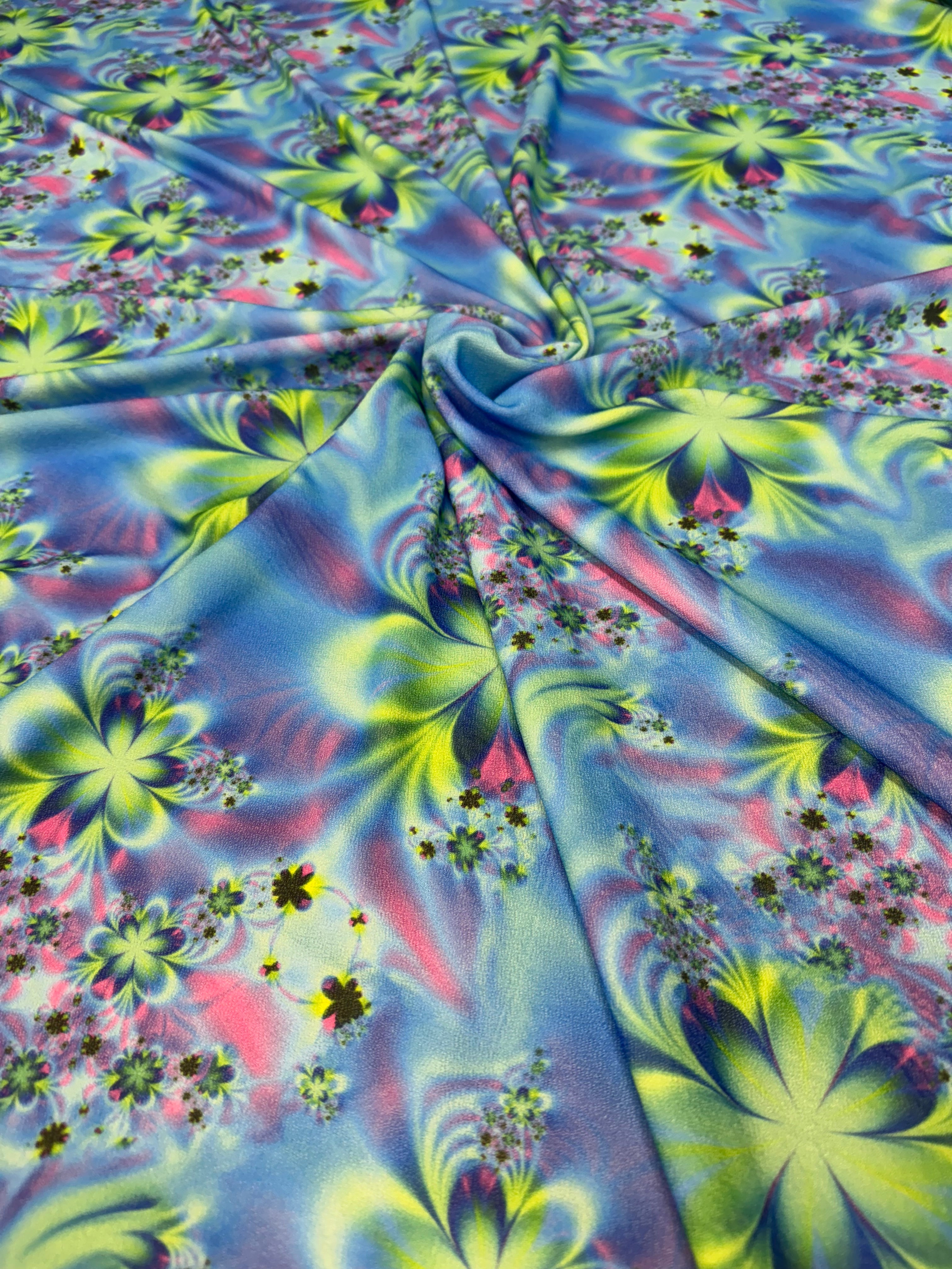 Neon Fractal Floral Stretch Crepe Fabric - Blue/Lime/Pink - 147cm