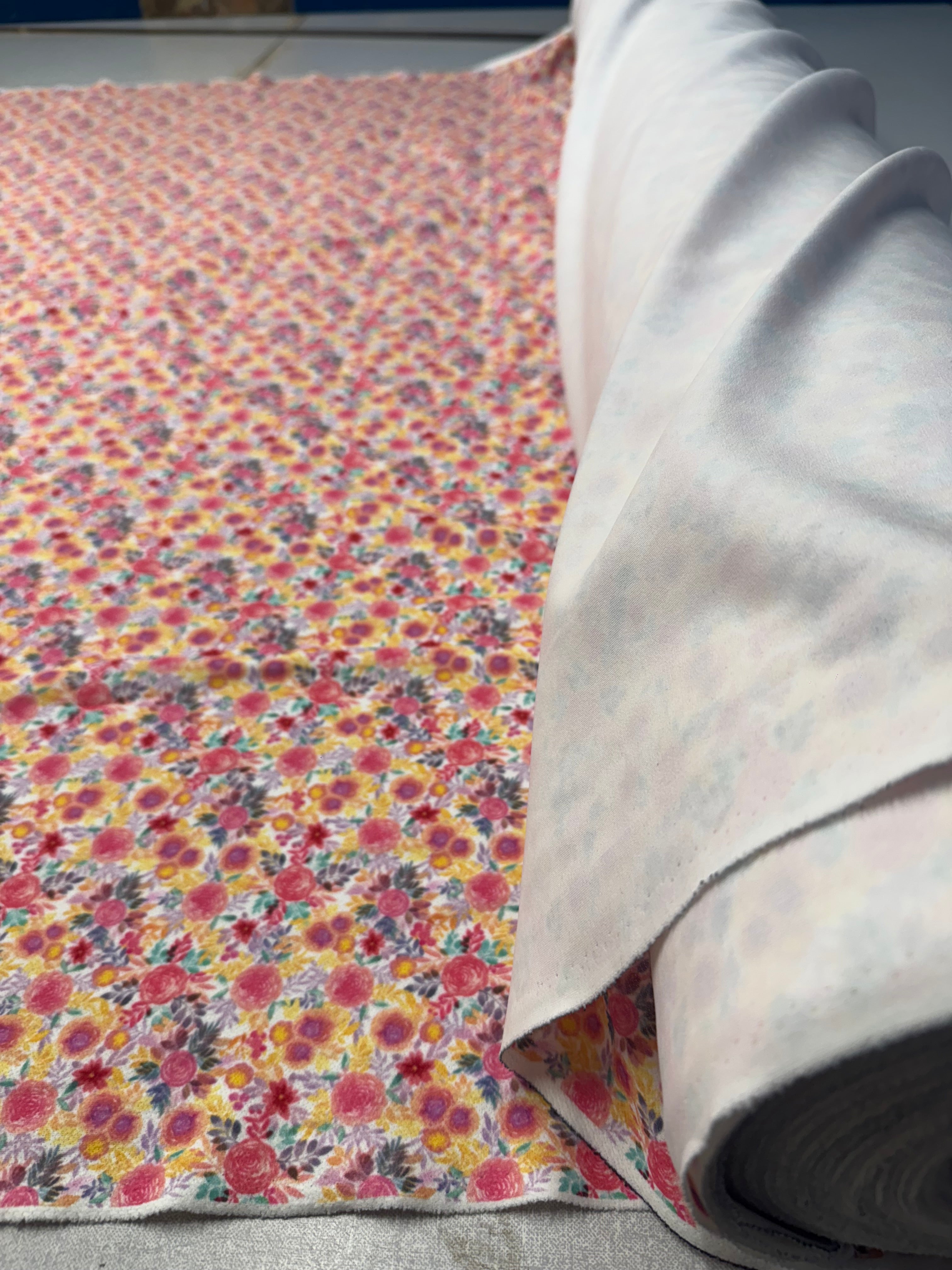 Ditsy Floral Stretch Crepe Fabric - Pink, Yellow, Purple - 148cm