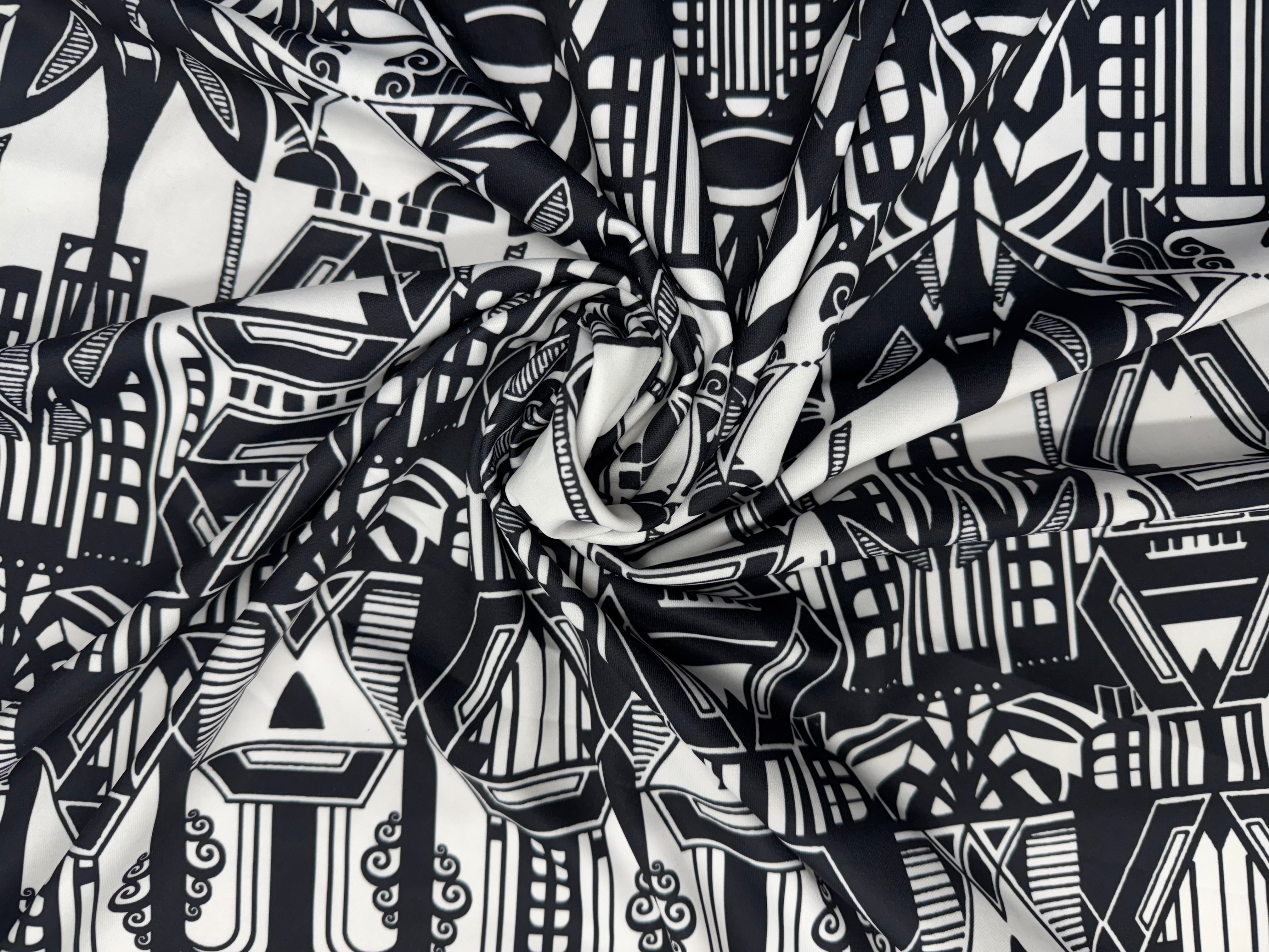 Black & White Art Deco Geometric Print Dressmaking 144cm