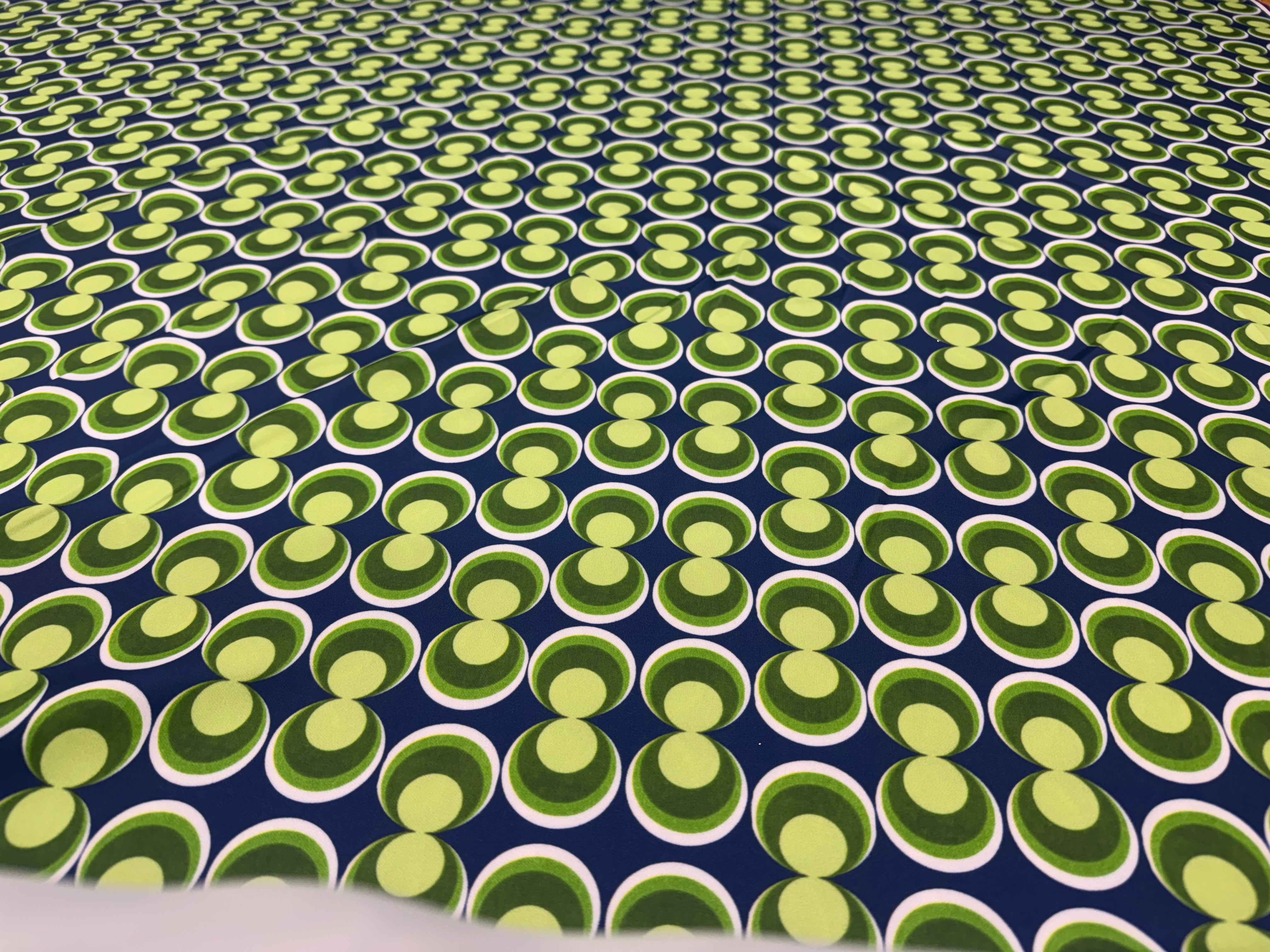 Green Navy Retro Geometric Stretch Jersey Fabric Circles Dressmaking 148cm