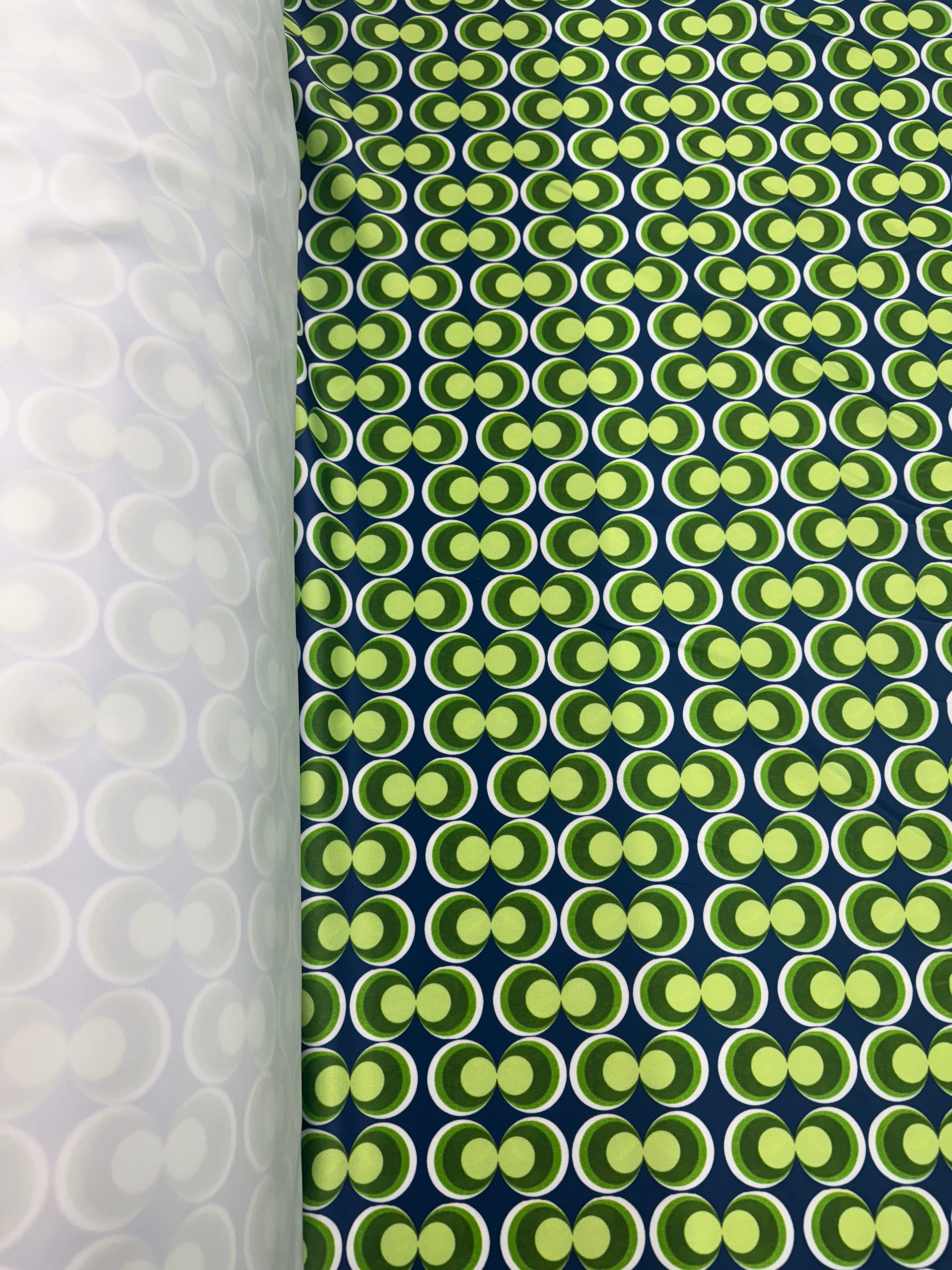 Green Navy Retro Geometric Stretch Jersey Fabric Circles Dressmaking 148cm