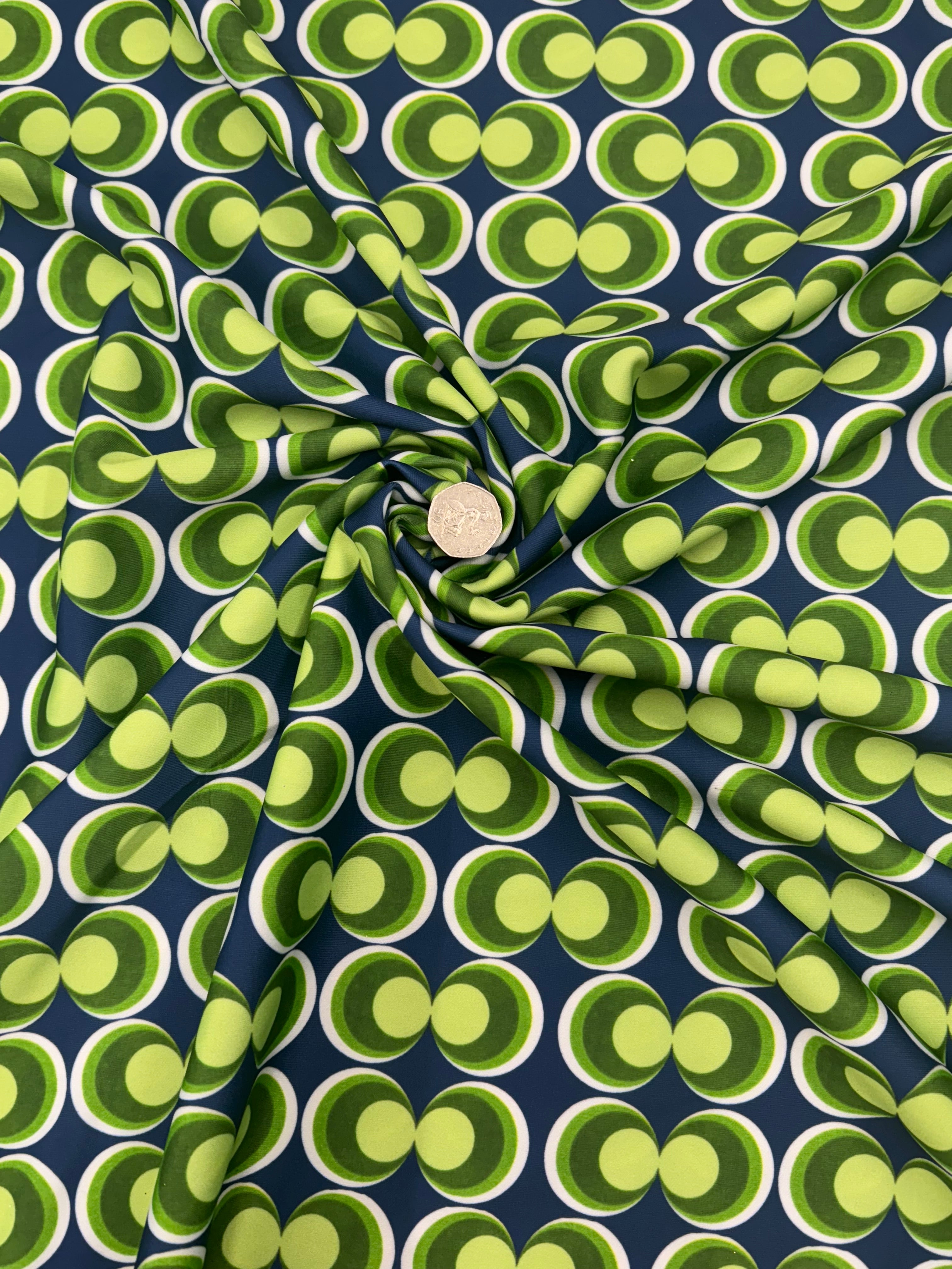 Green Navy Retro Geometric Stretch Jersey Fabric Circles Dressmaking 148cm