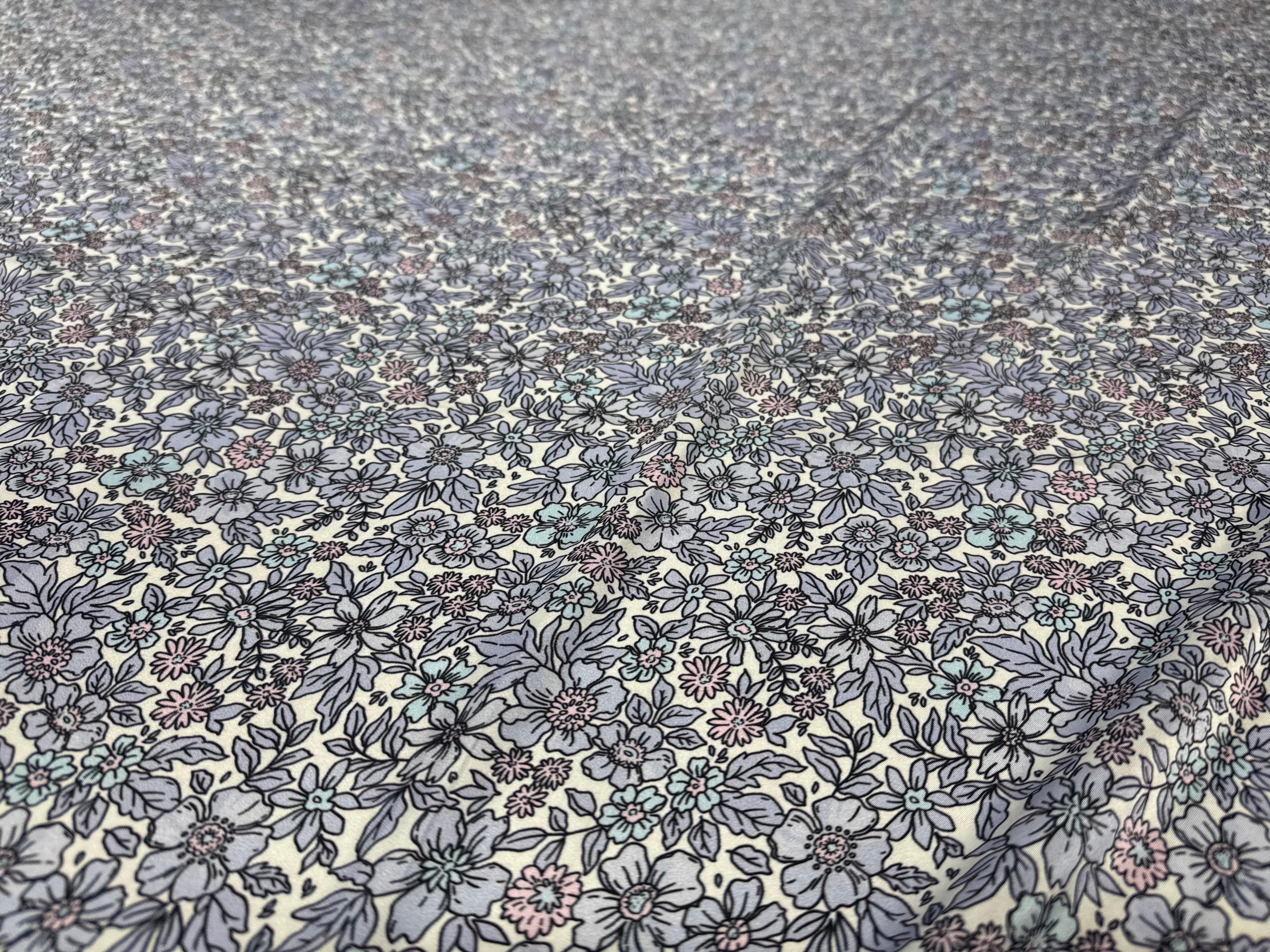 Floral Printed Satin Fabric Lilac Blue Cream Soft Woven Dressmaking 148cm