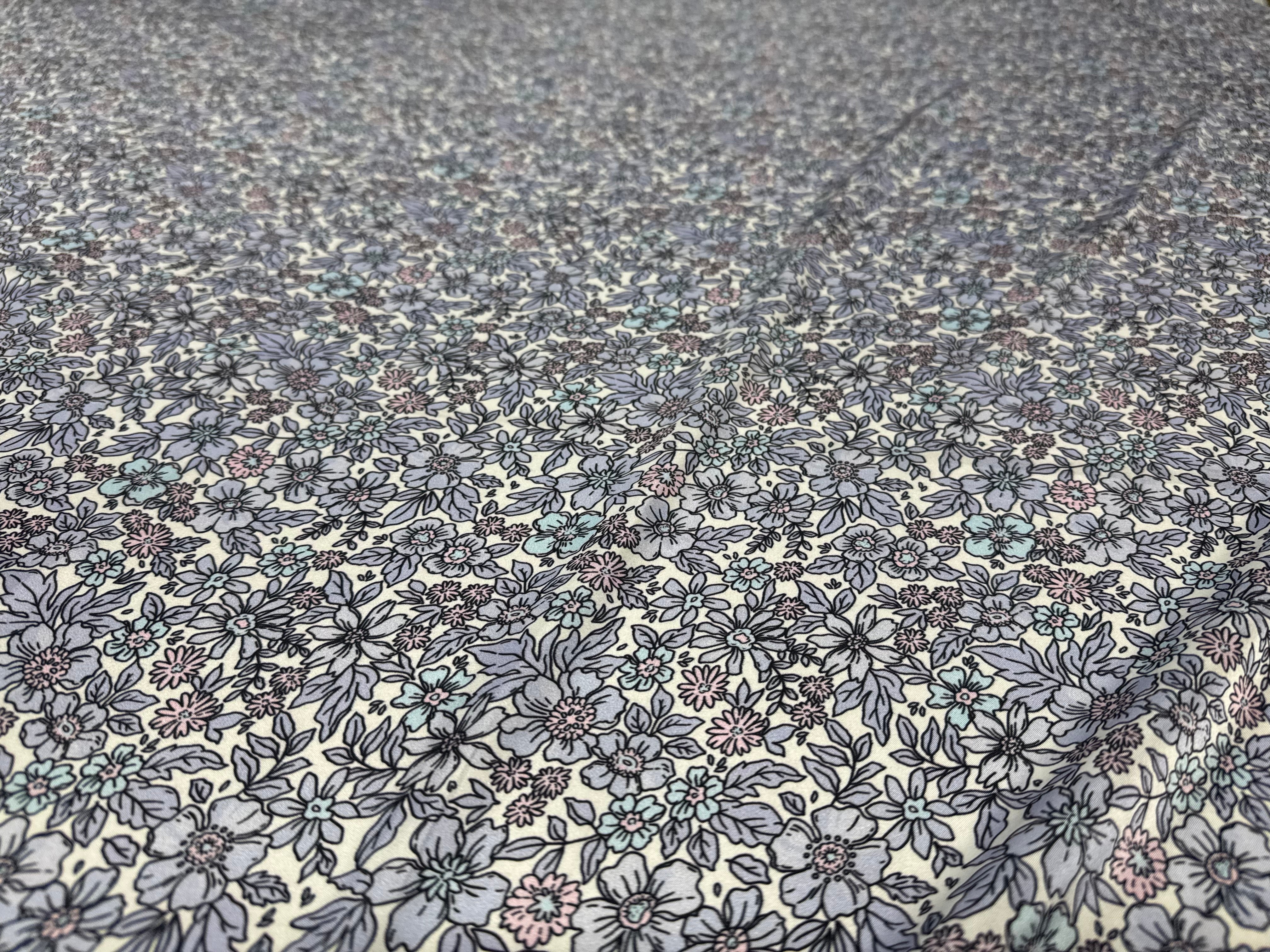 Floral Printed Satin Fabric Lilac Blue Cream Soft Woven Dressmaking 148cm