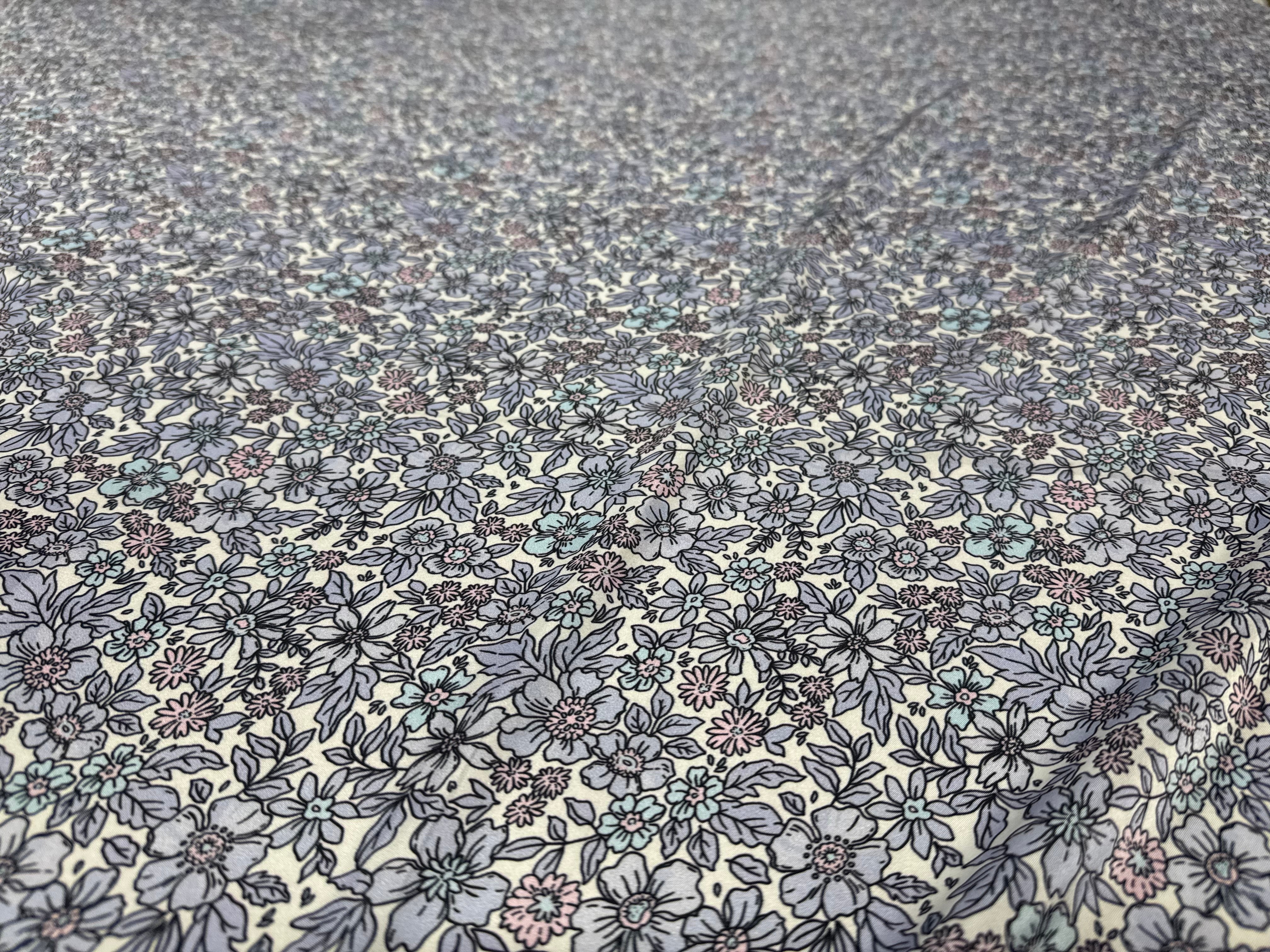 Floral Printed Satin Fabric Lilac Blue Cream Soft Woven Dressmaking 148cm