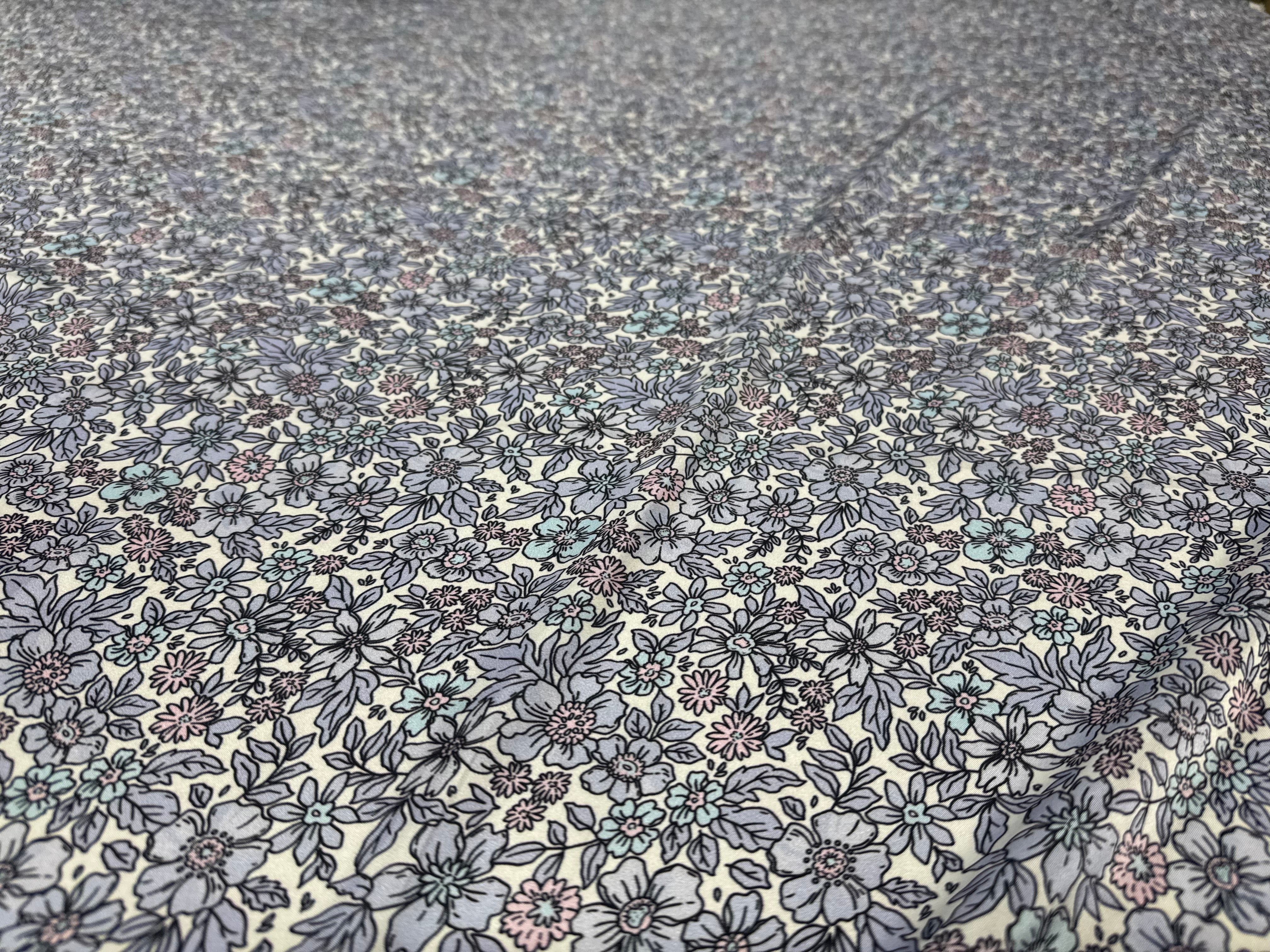 Floral Printed Satin Fabric Lilac Blue Cream Soft Woven Dressmaking 148cm