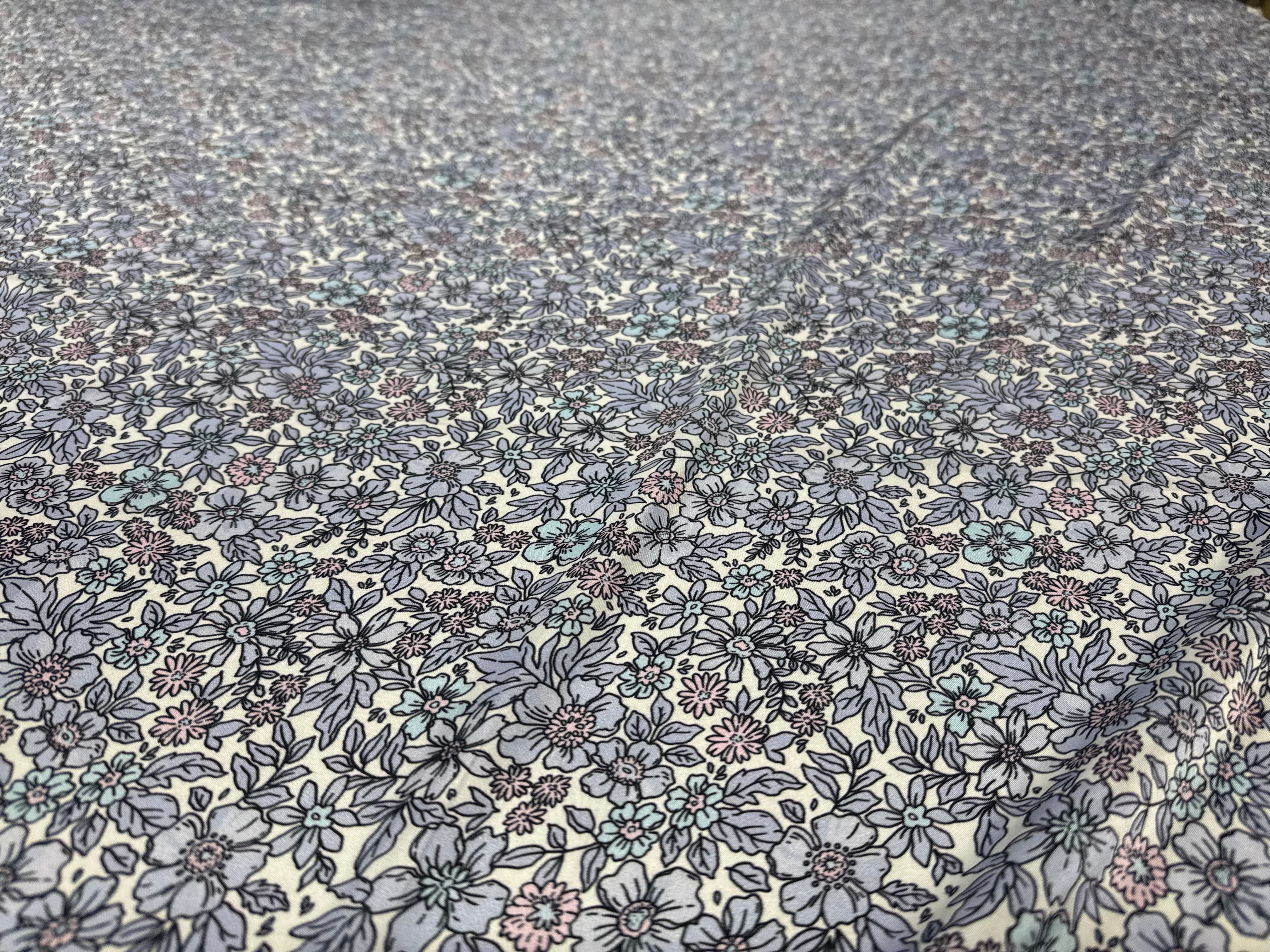 Floral Printed Satin Fabric Lilac Blue Cream Soft Woven Dressmaking 148cm