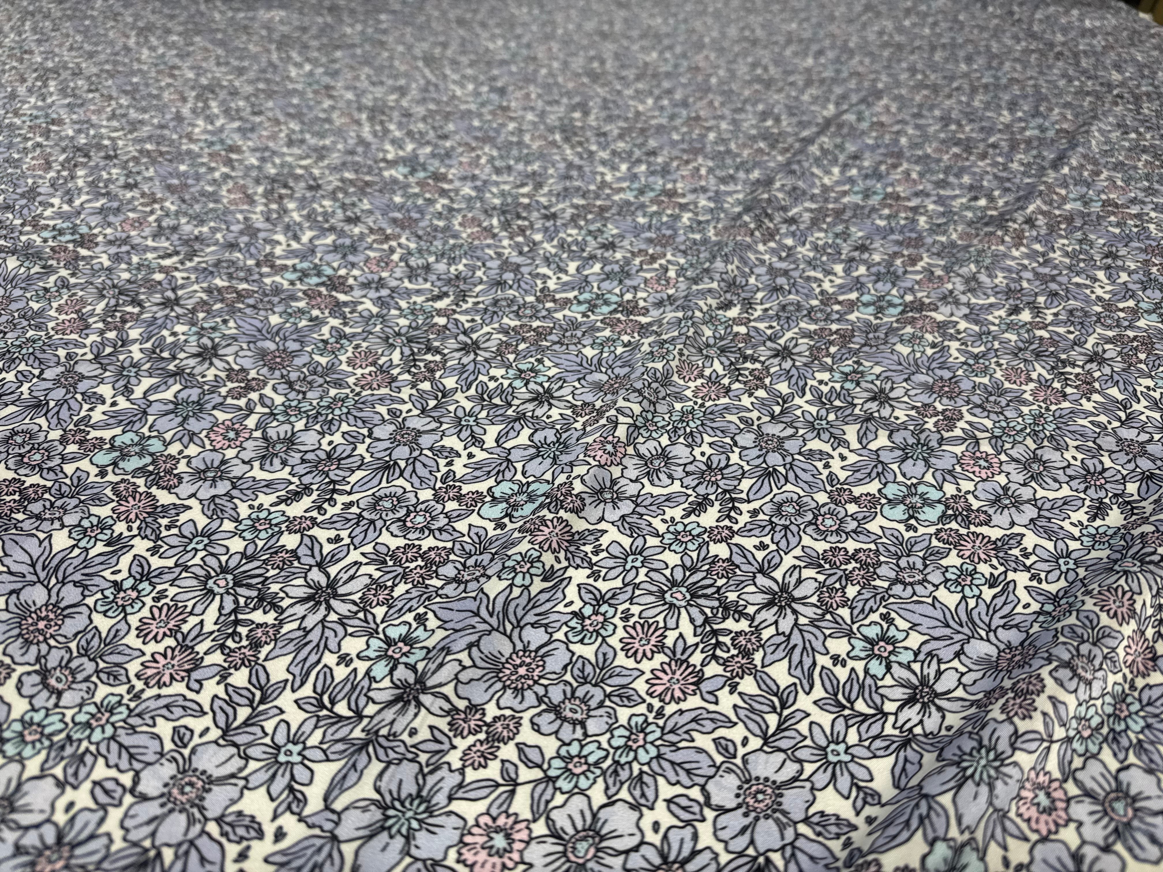 Floral Printed Satin Fabric Lilac Blue Cream Soft Woven Dressmaking 148cm