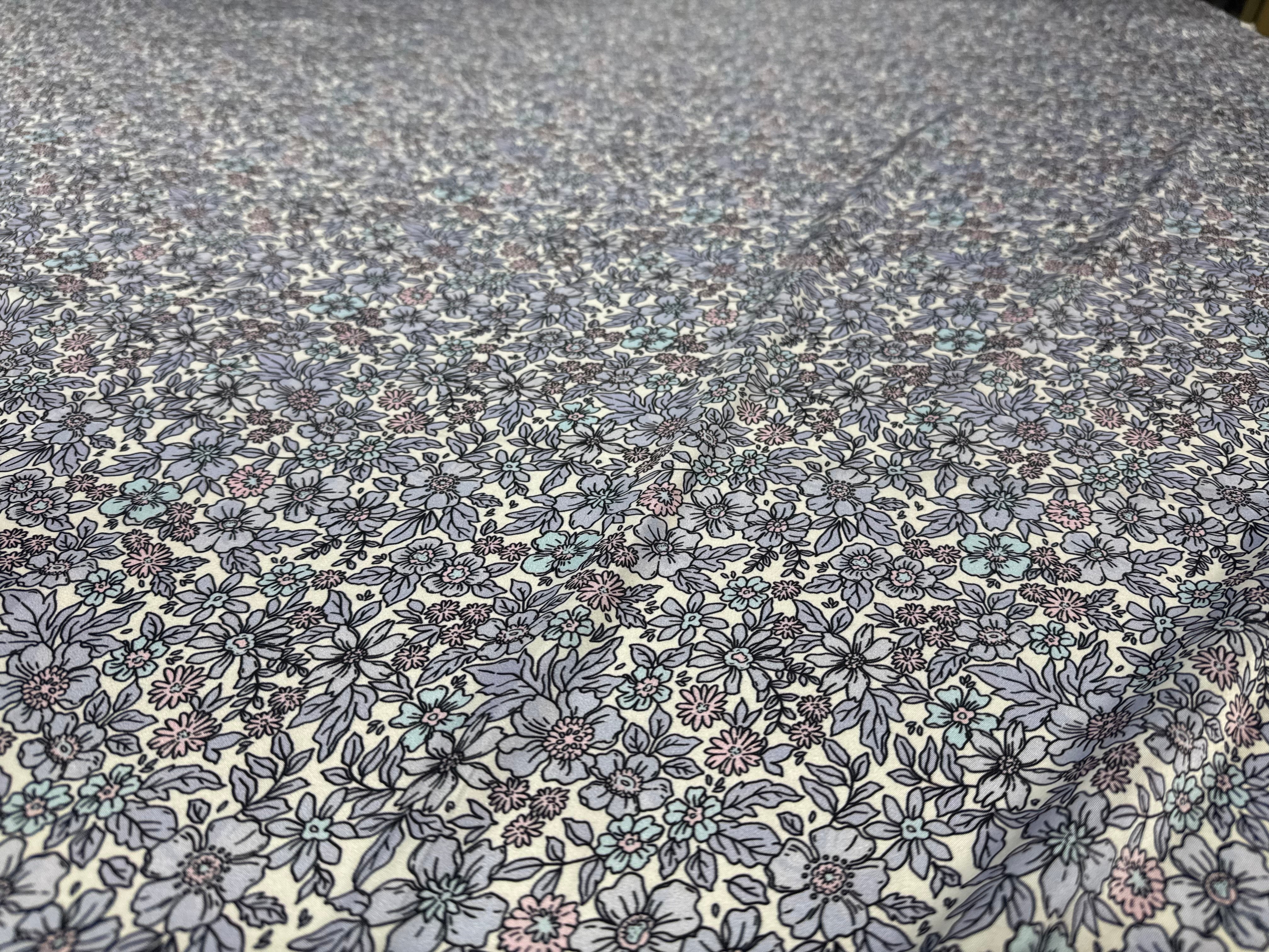 Floral Printed Satin Fabric Lilac Blue Cream Soft Woven Dressmaking 148cm