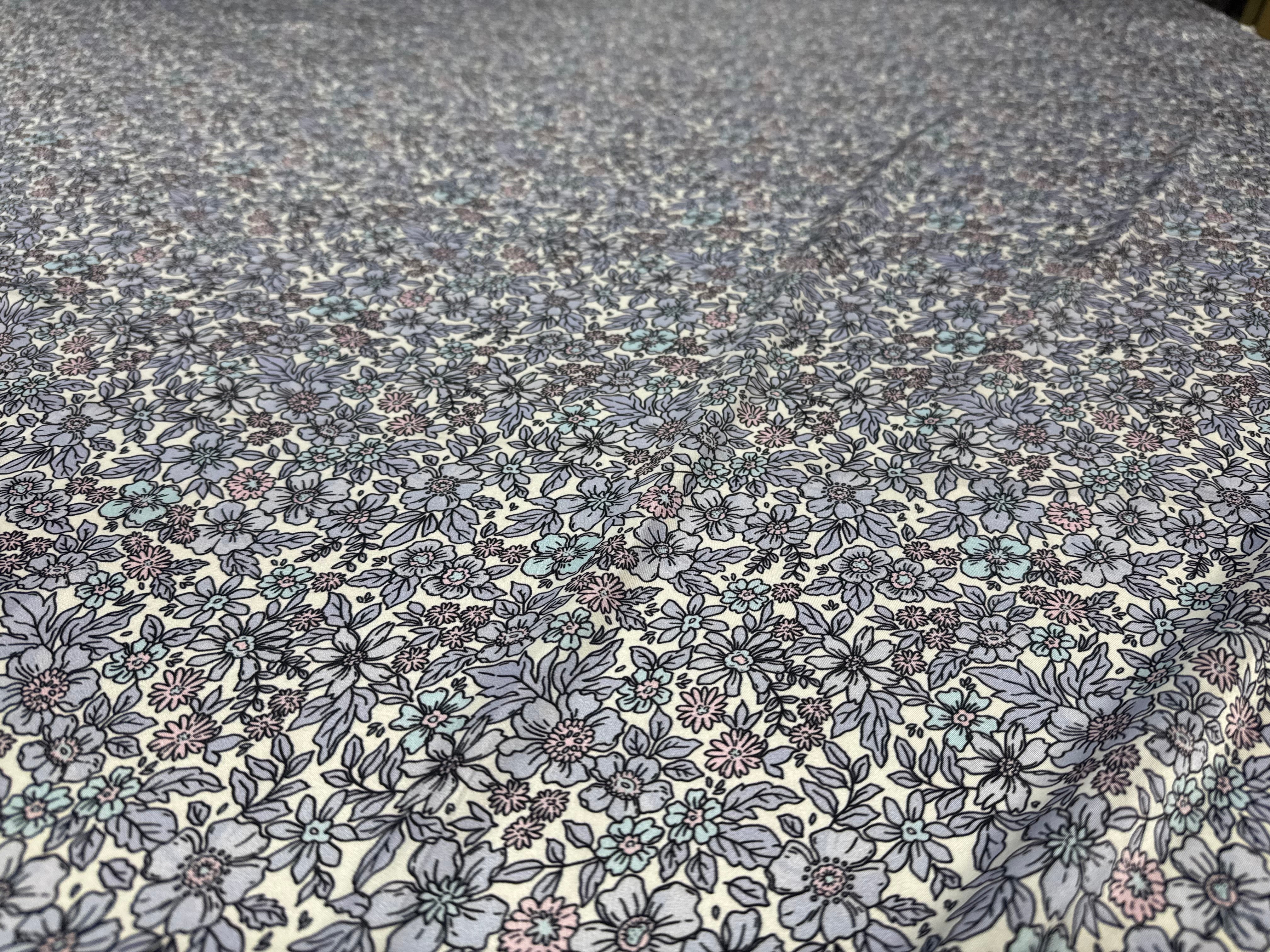 Floral Printed Satin Fabric Lilac Blue Cream Soft Woven Dressmaking 148cm