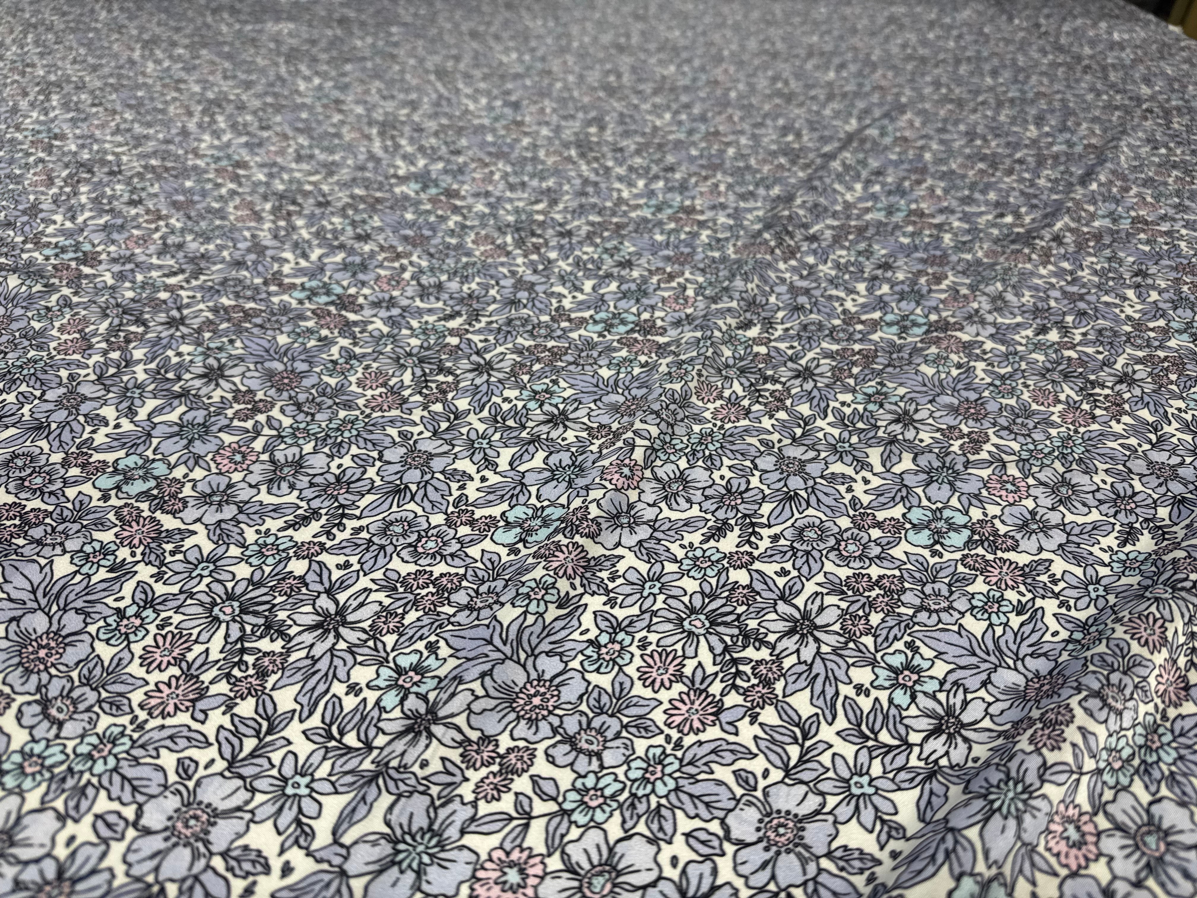 Floral Printed Satin Fabric Lilac Blue Cream Soft Woven Dressmaking 148cm