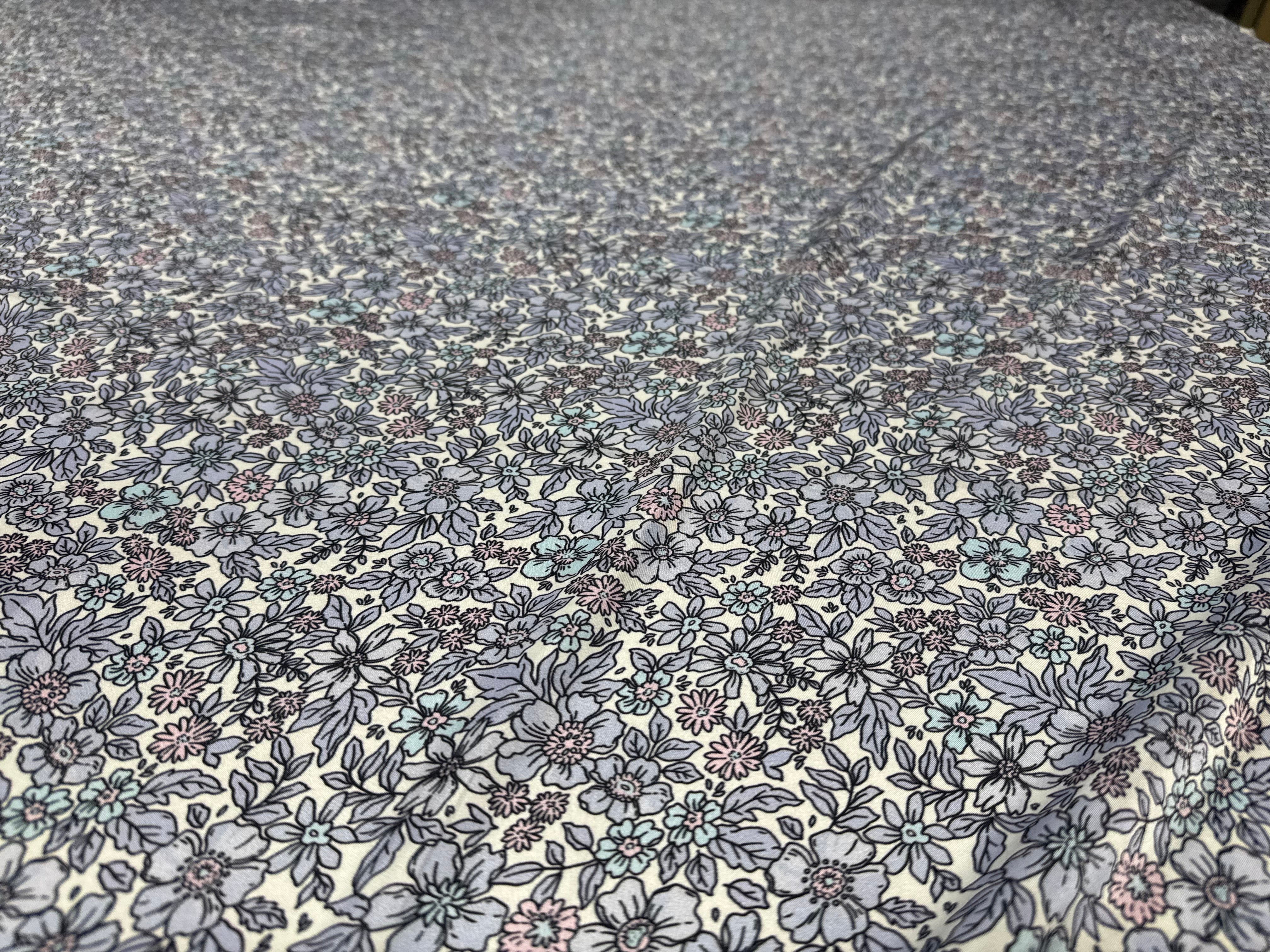 Floral Printed Satin Fabric Lilac Blue Cream Soft Woven Dressmaking 148cm