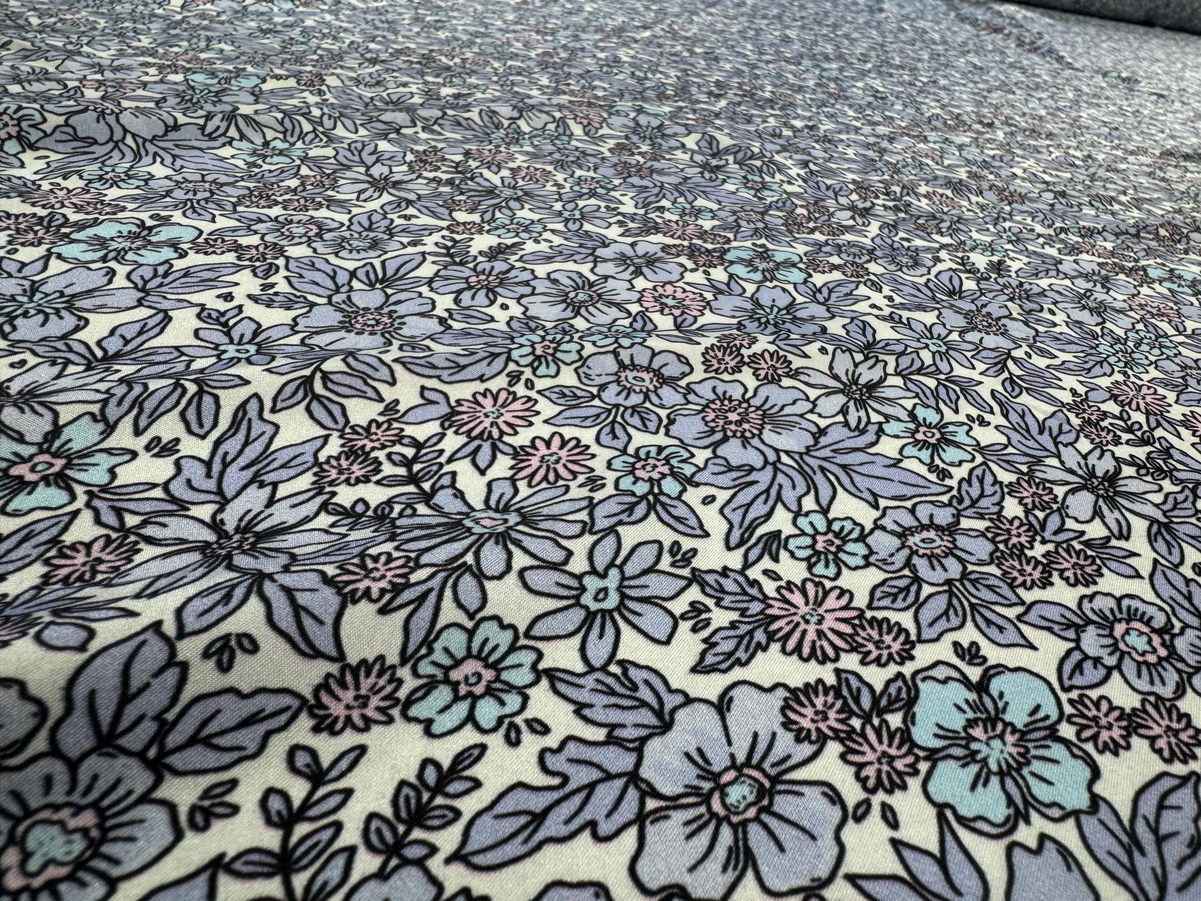 Floral Printed Satin Fabric Lilac Blue Cream Soft Woven Dressmaking 148cm