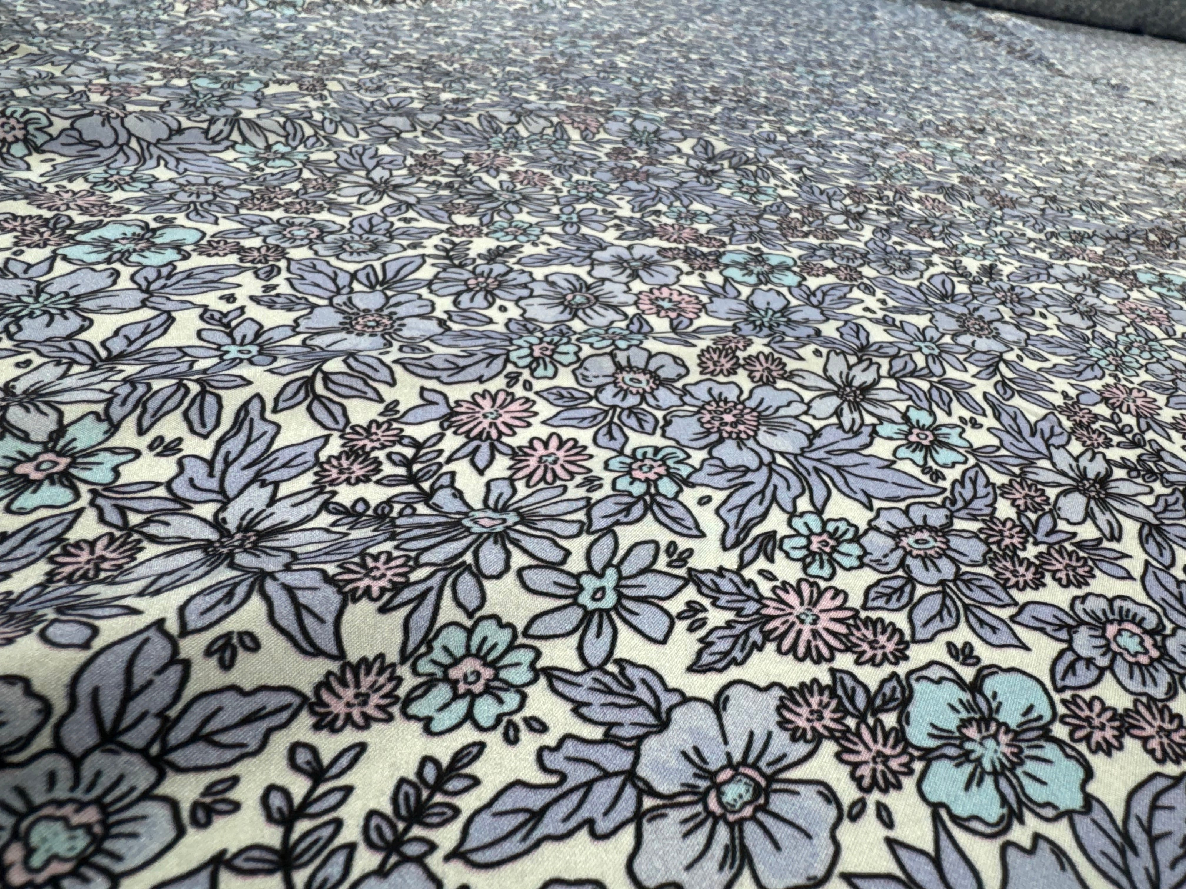 Floral Printed Satin Fabric Lilac Blue Cream Soft Woven Dressmaking 148cm