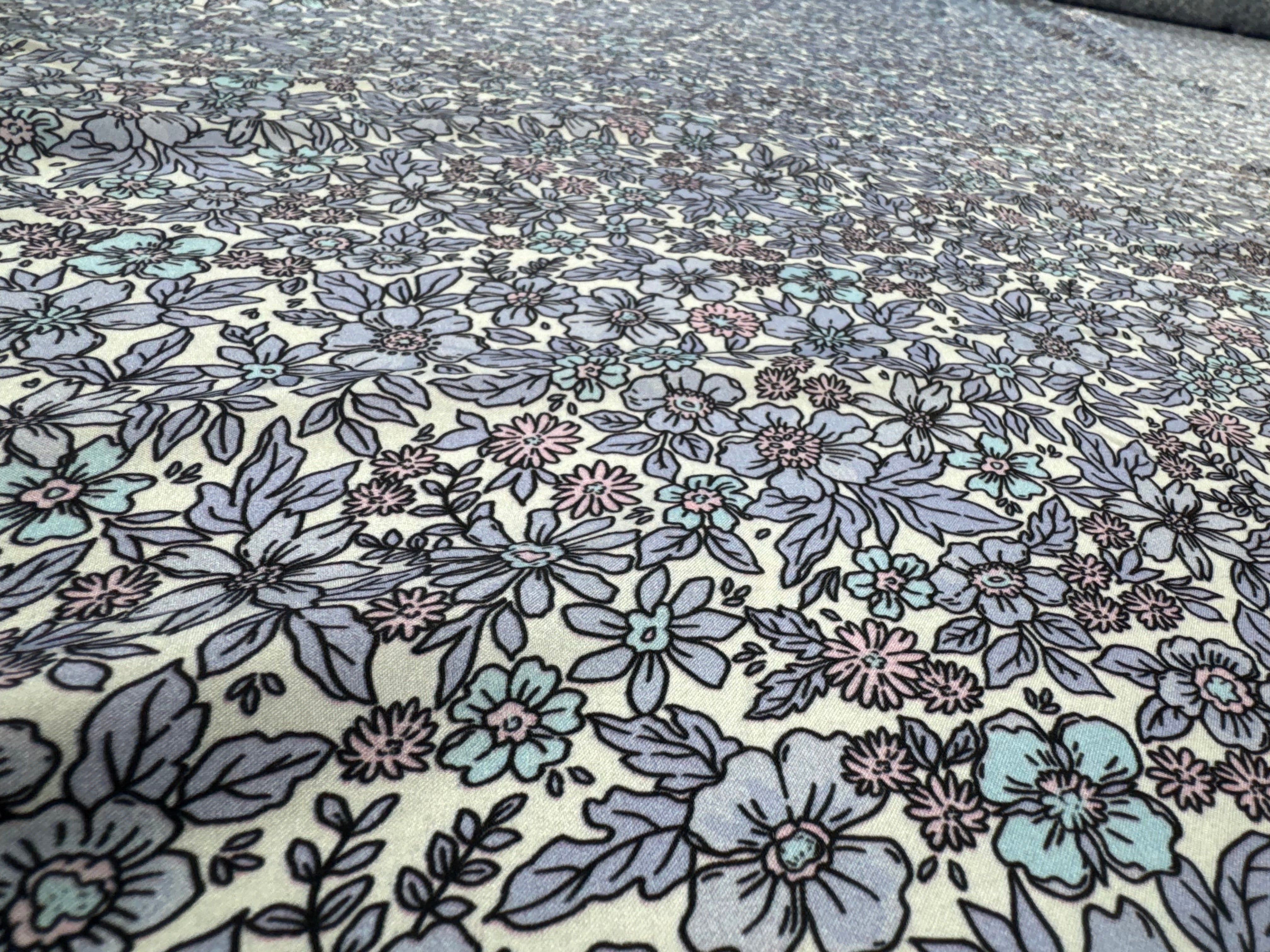 Floral Printed Satin Fabric Lilac Blue Cream Soft Woven Dressmaking 148cm