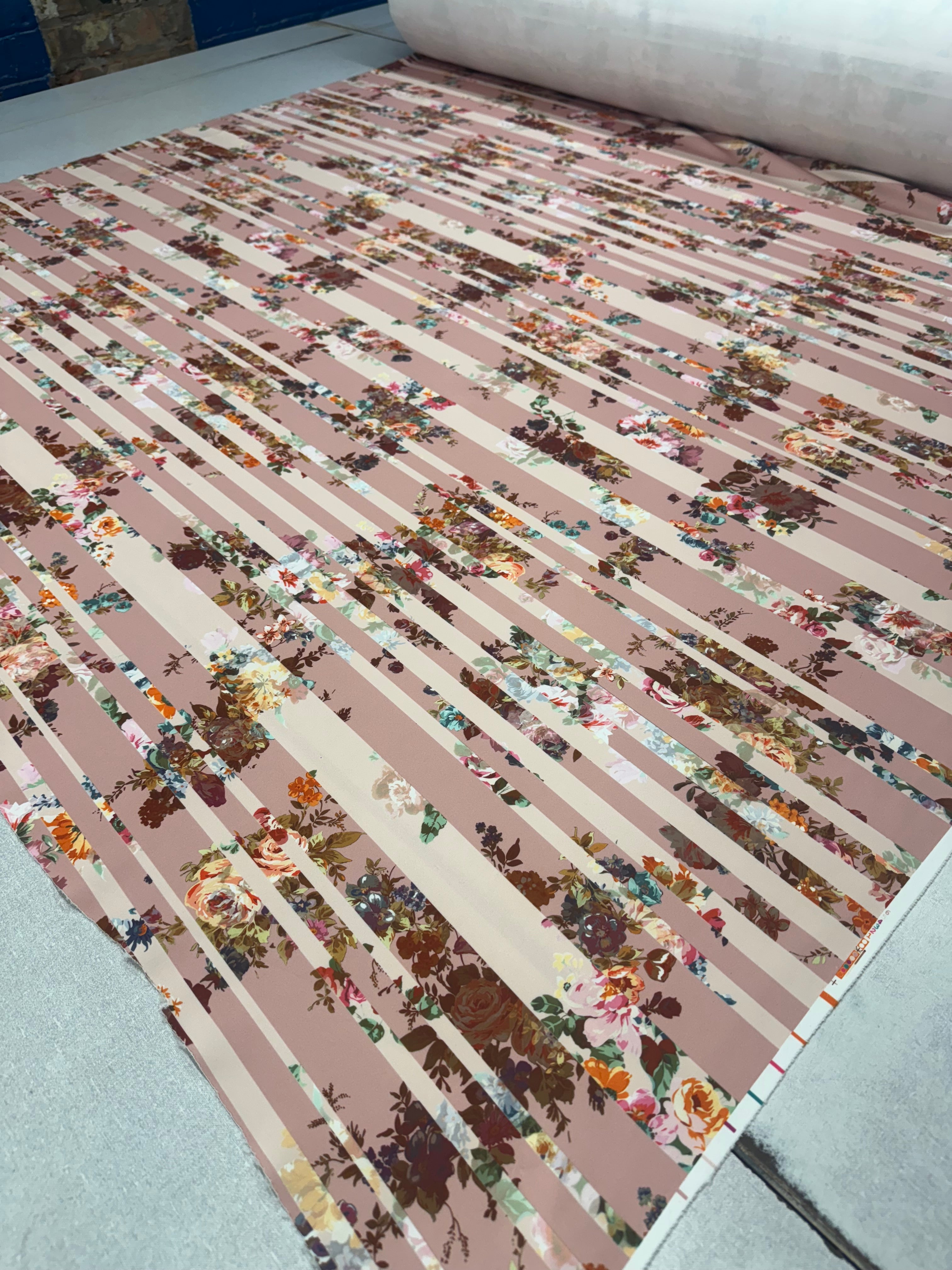 Dressmaking & Occasion Fabric – Dusty Pink Floral Stripe Scuba Fabric – Stretch Structured Knit – 150cm