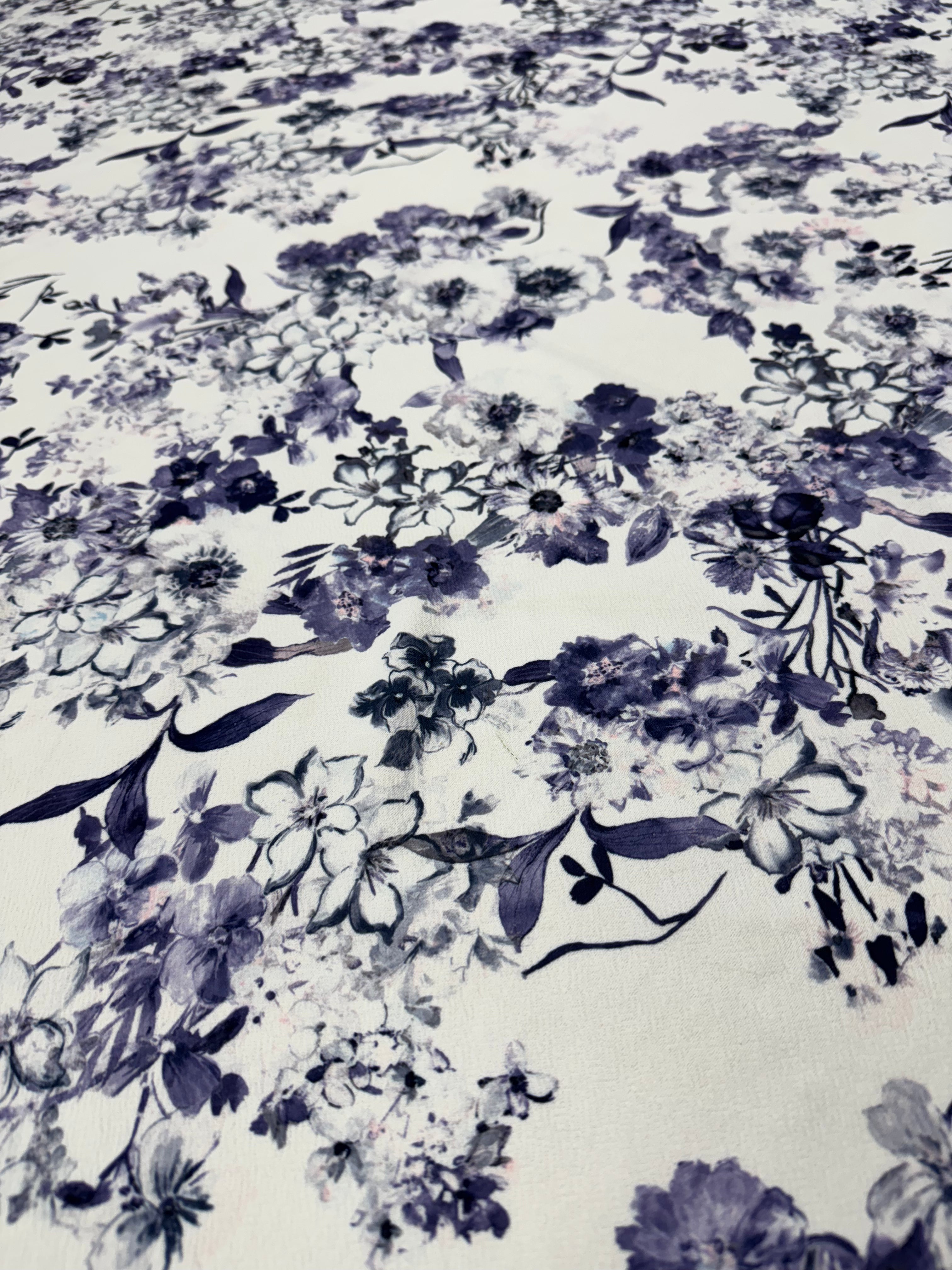 Dressmaking & Statement Fabric – Lavender Navy Floral Liverpool Fabric – Stretch Textured Knit – 154cm