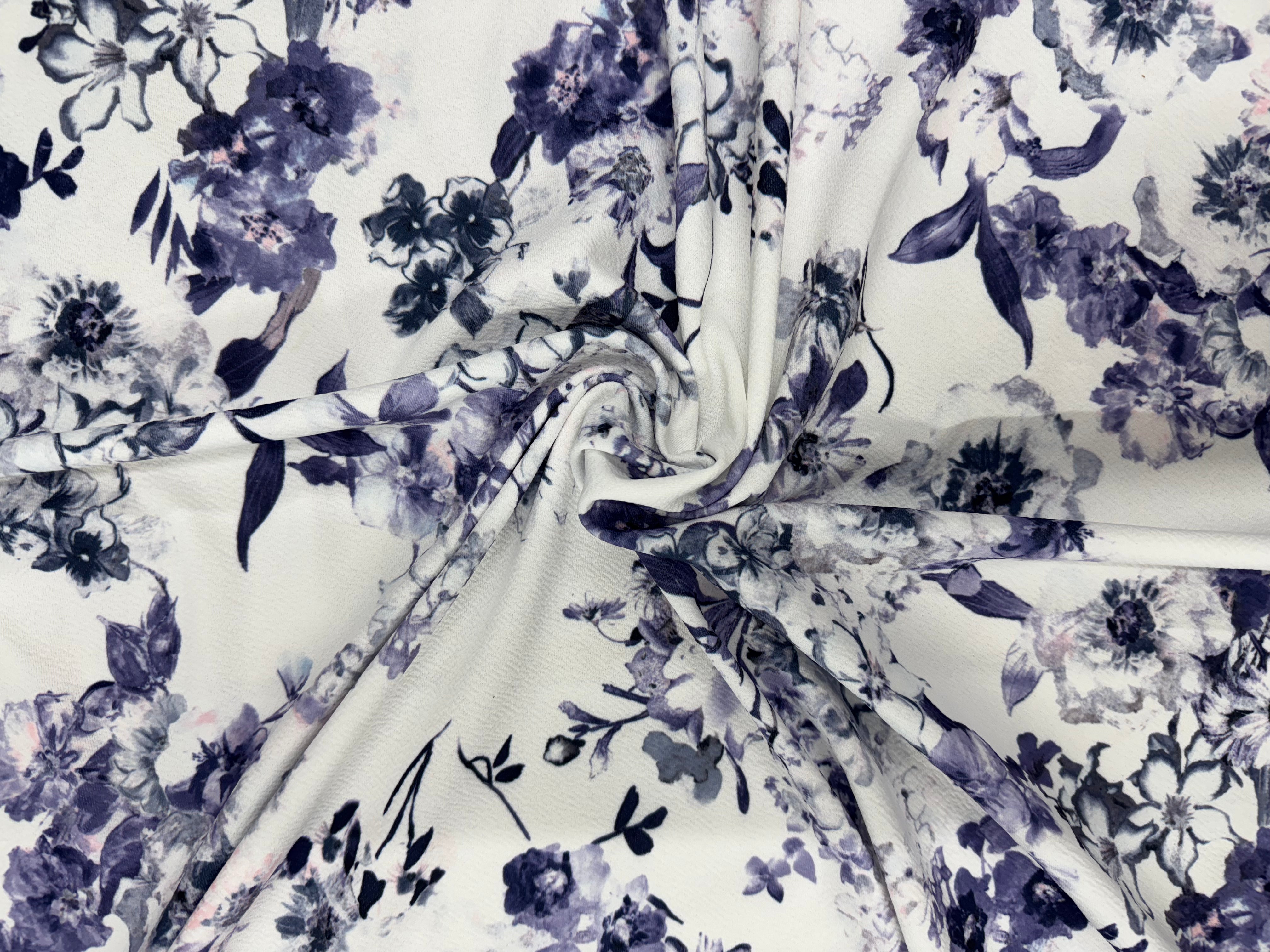 Dressmaking & Statement Fabric – Lavender Navy Floral Liverpool Fabric – Stretch Textured Knit – 154cm