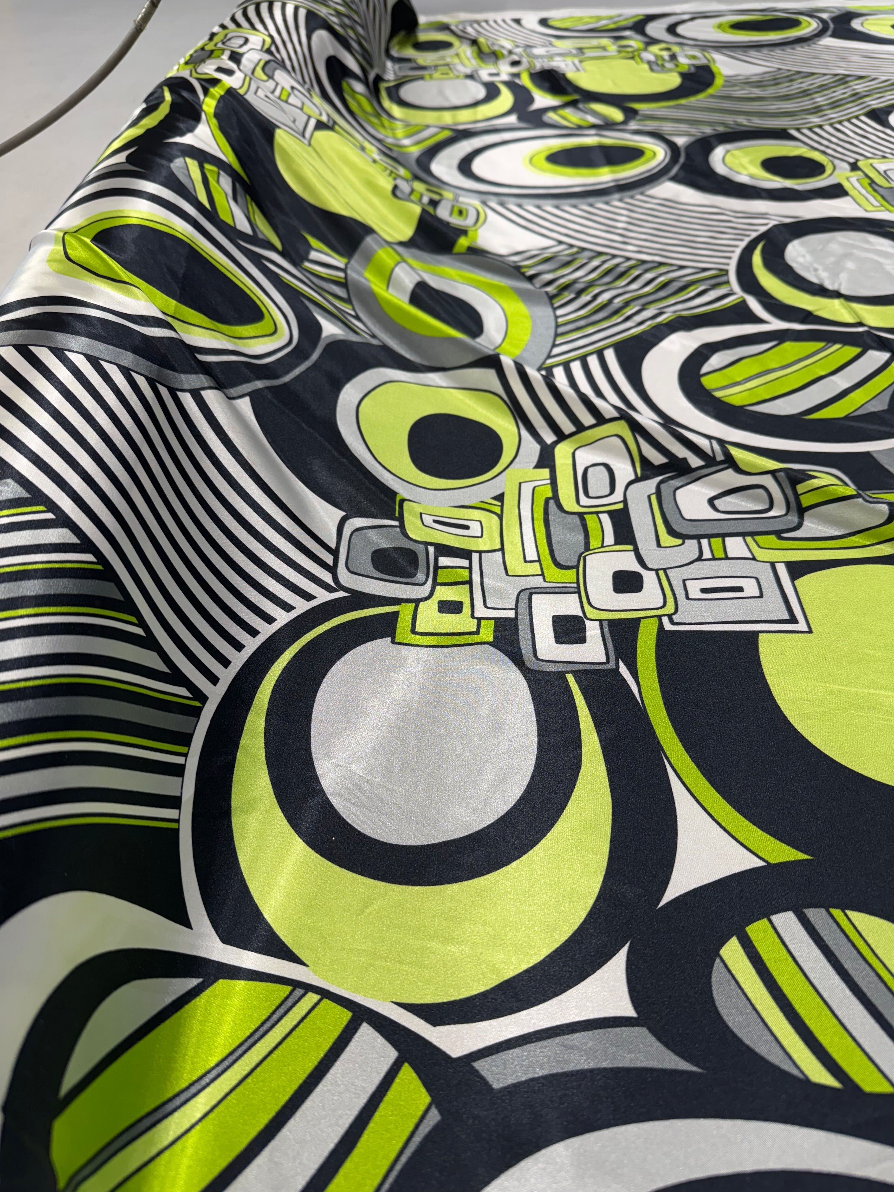 Green & Black Geometric Circle Print Satin Fabric 142cm