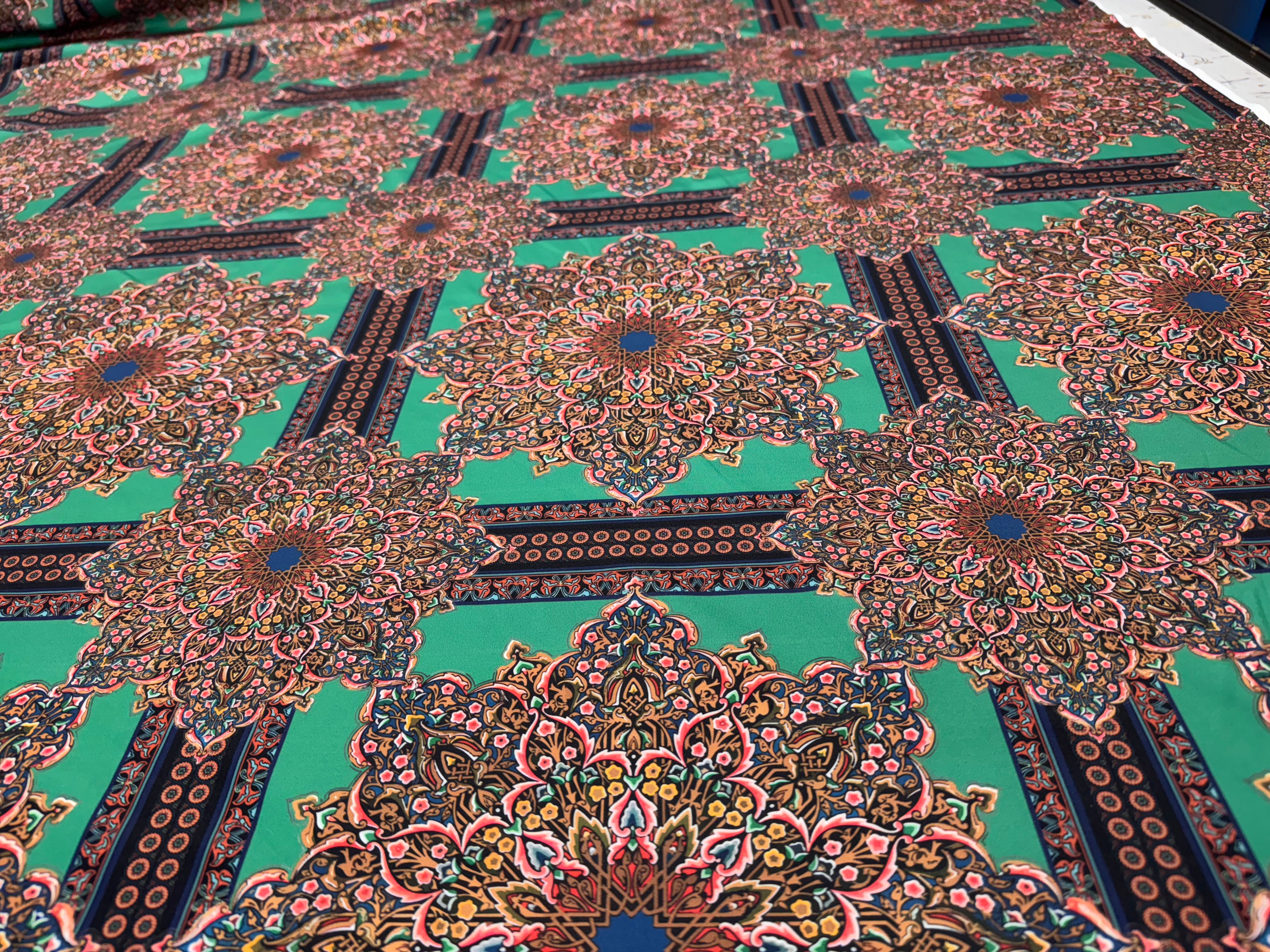 Dressmaking & Statement Fabric – Teal Mandala Print Scuba Knit – Ornate Geometric Stretch Fabric – 147–150cm