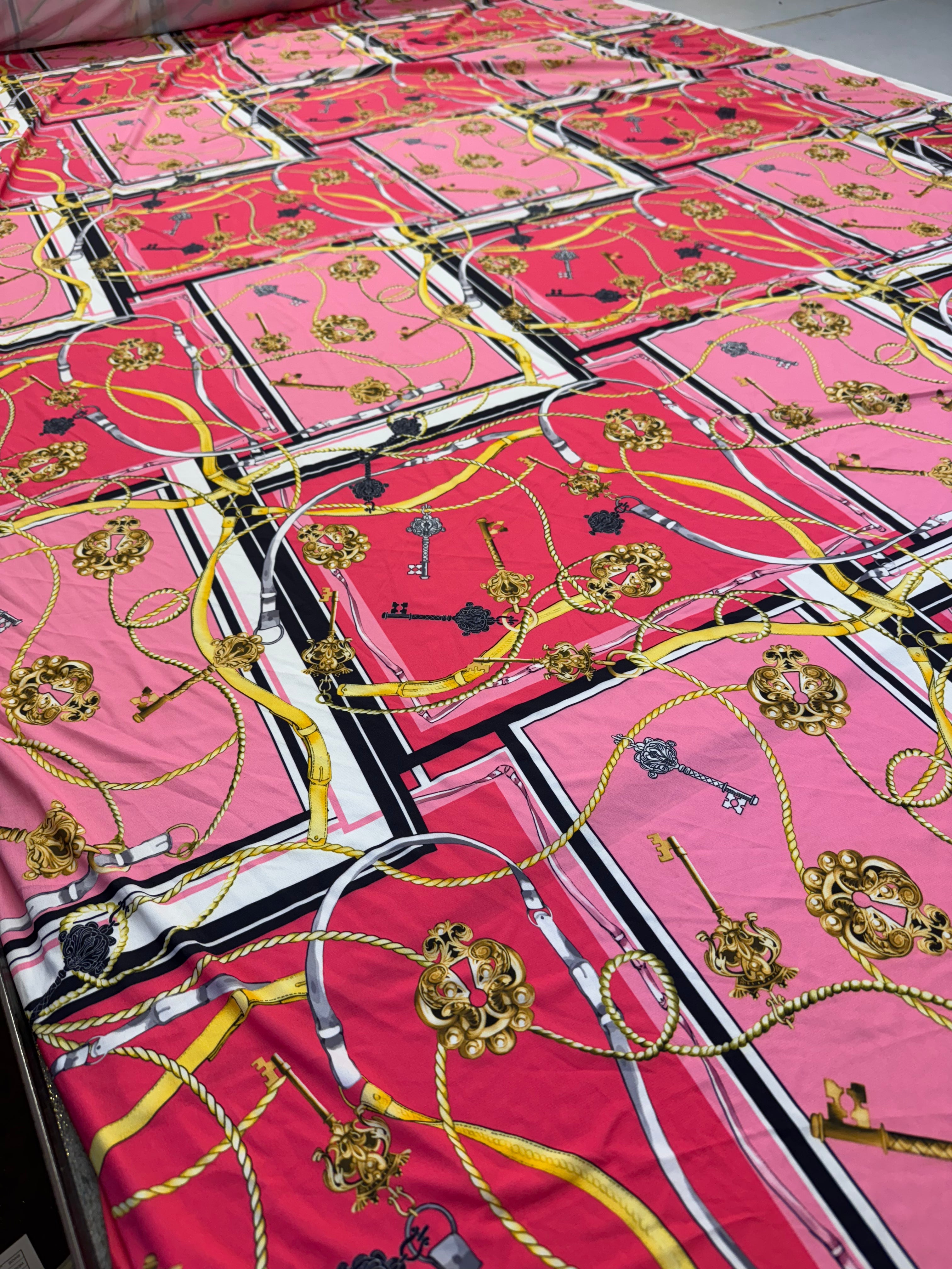 Pink Red Gold Chain Key Print Fabric – 147cm – Luxe Scarf-Inspired Stretch Material