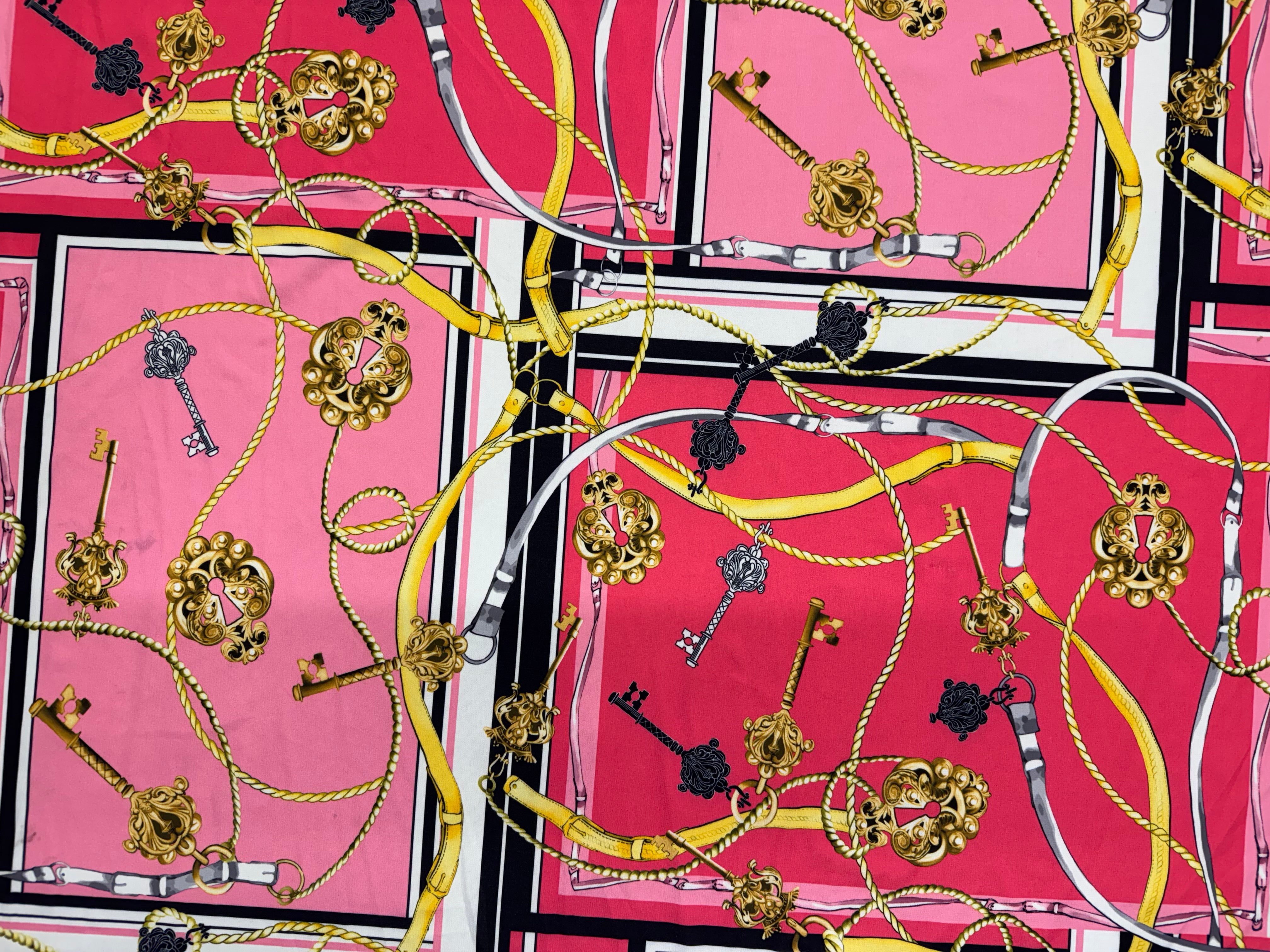 Pink Red Gold Chain Key Print Fabric – 147cm – Luxe Scarf-Inspired Stretch Material