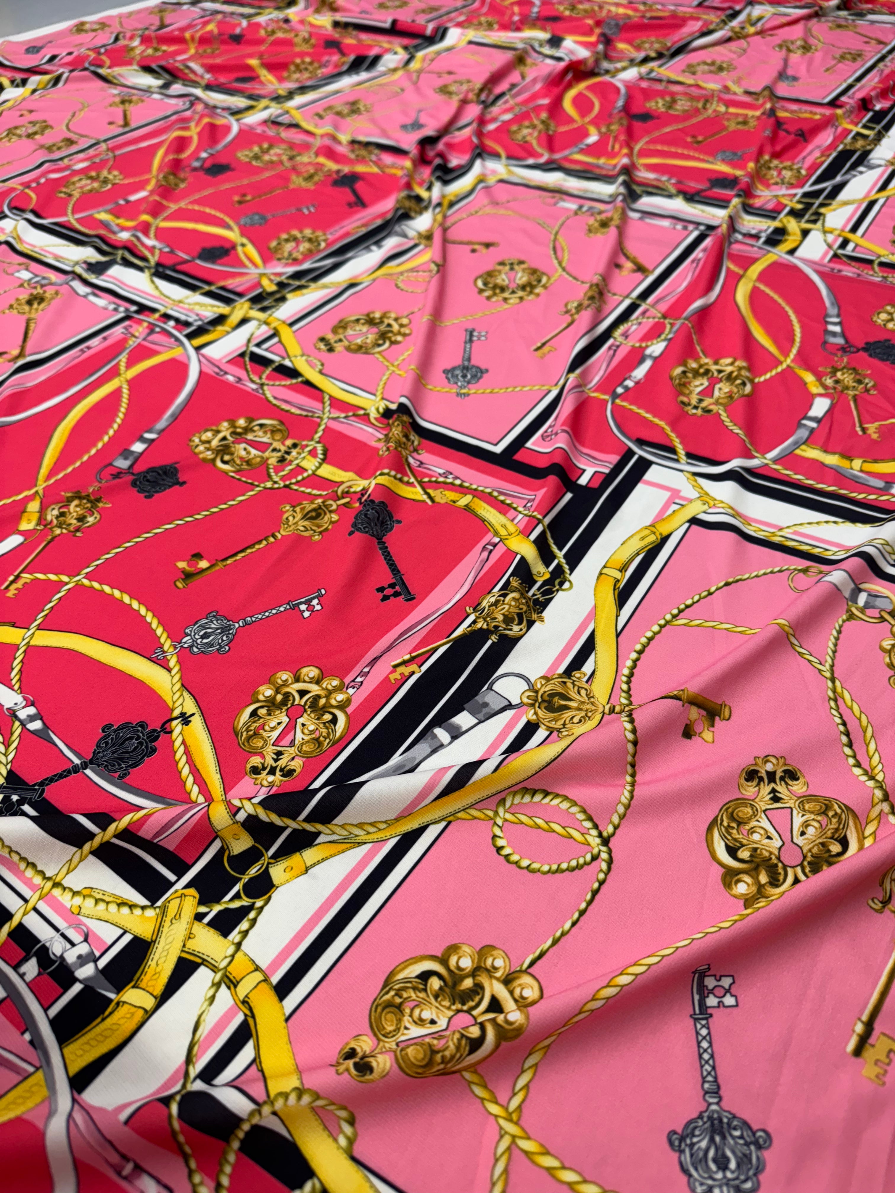 Pink Red Gold Chain Key Print Fabric – 147cm – Luxe Scarf-Inspired Stretch Material