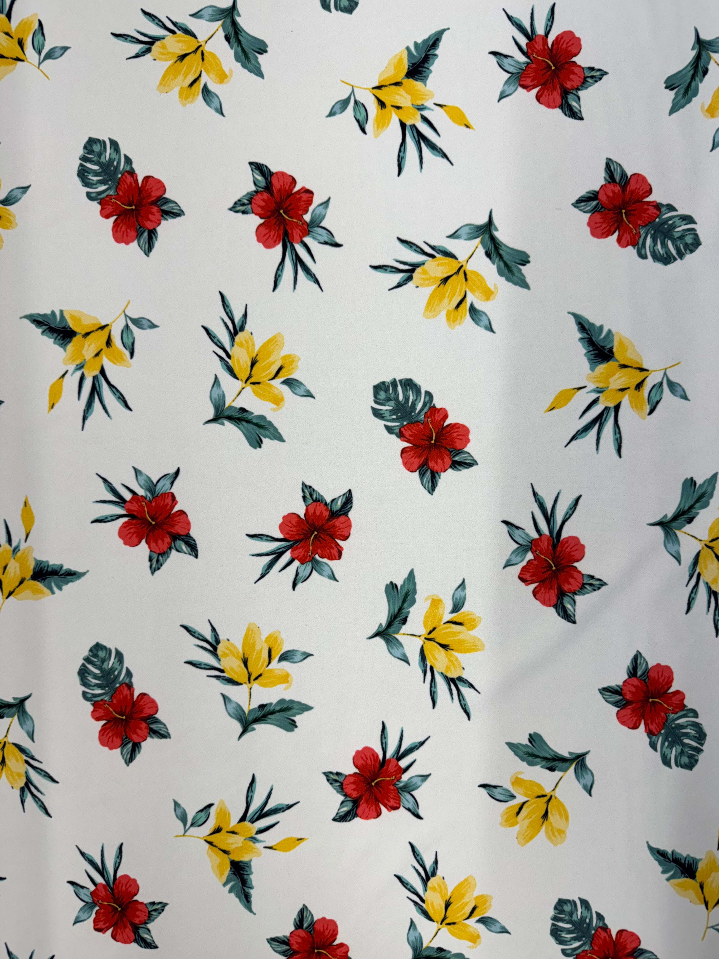 White Tropical Floral Fabric – 152cm – Red & Yellow Bloom Print