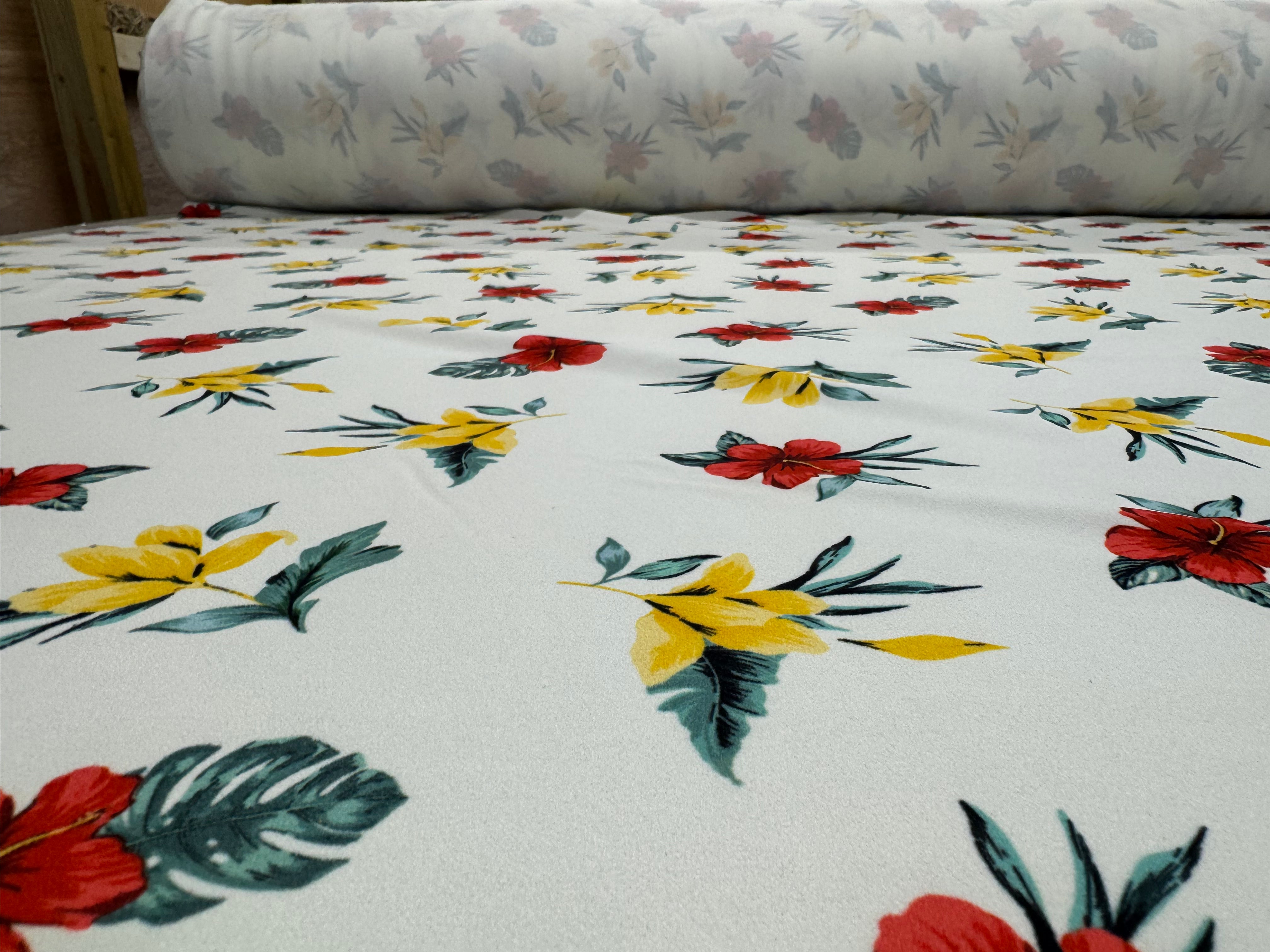 White Tropical Floral Fabric – 152cm – Red & Yellow Bloom Print