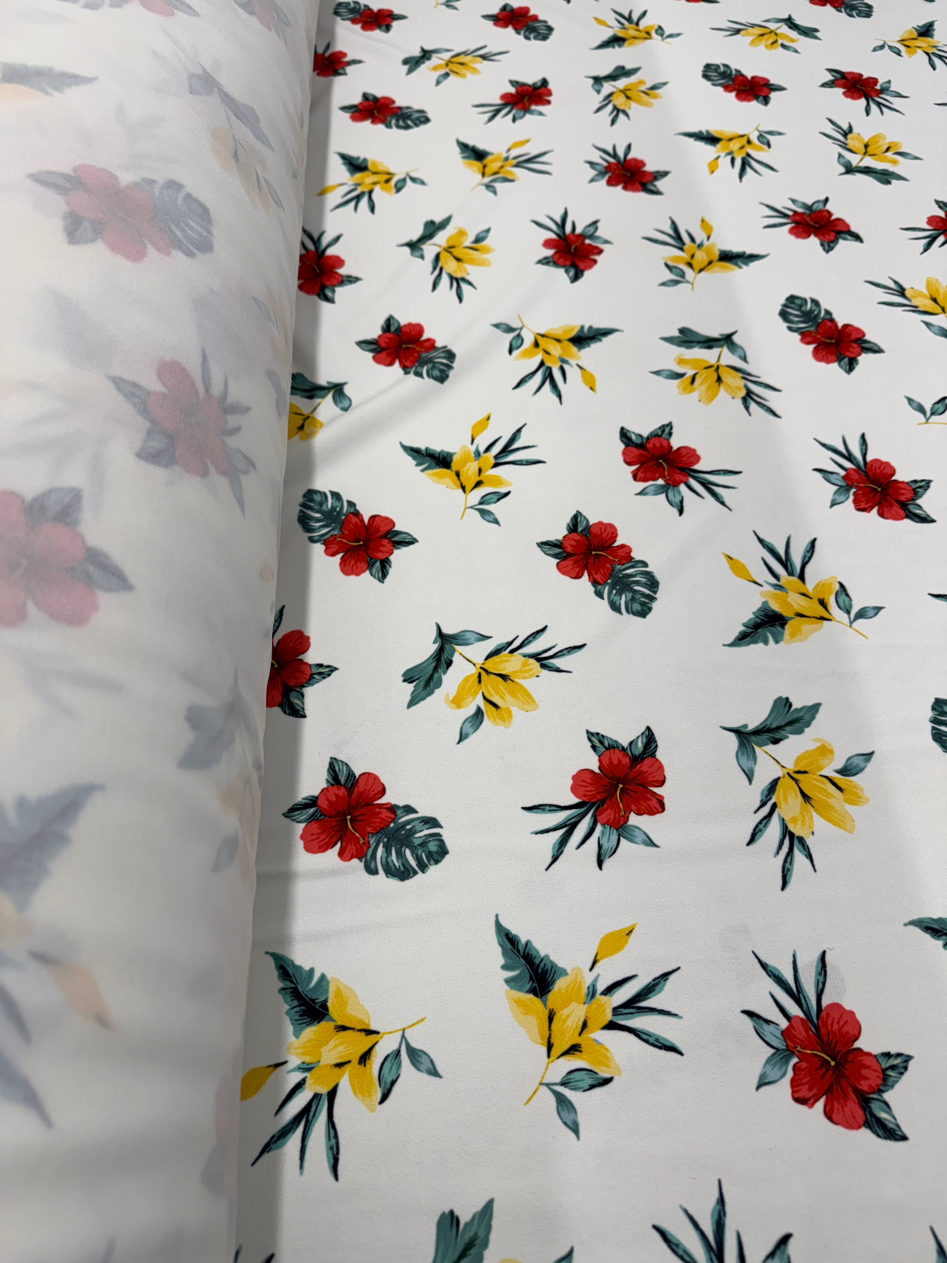 White Tropical Floral Fabric – 152cm – Red & Yellow Bloom Print