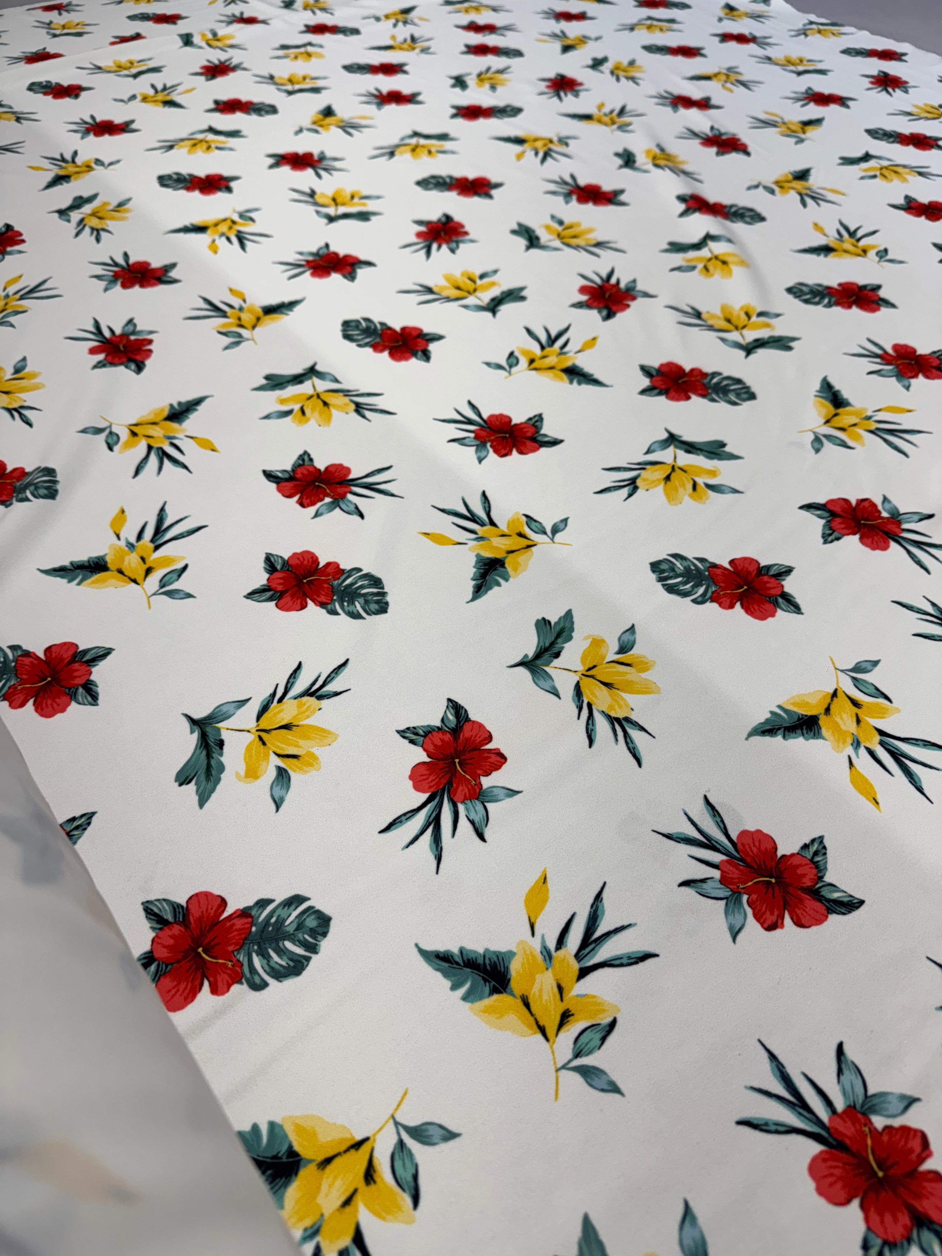 White Tropical Floral Fabric – 152cm – Red & Yellow Bloom Print